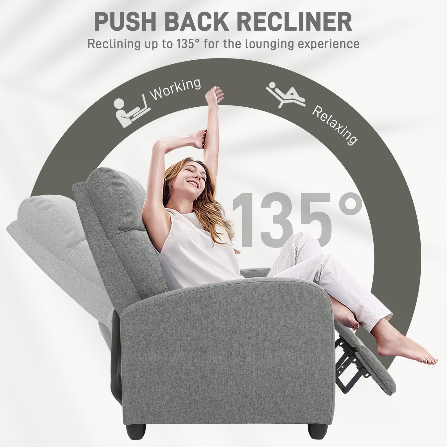 HOMCOM Push Back Recliner Armchair with Adjustable Footrest and Padded Seat, Light Grey