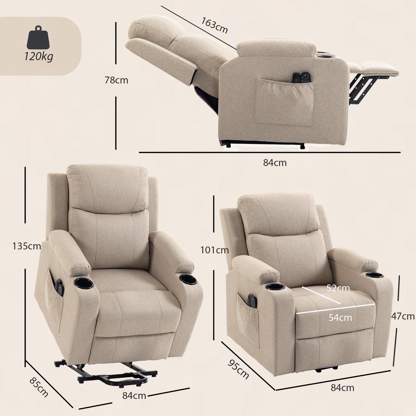 HOMCOM Riser Recliner Chair with Massage and Heat, Linen Electric Lift Armchair for Elderly with Spring Cushion, Beige