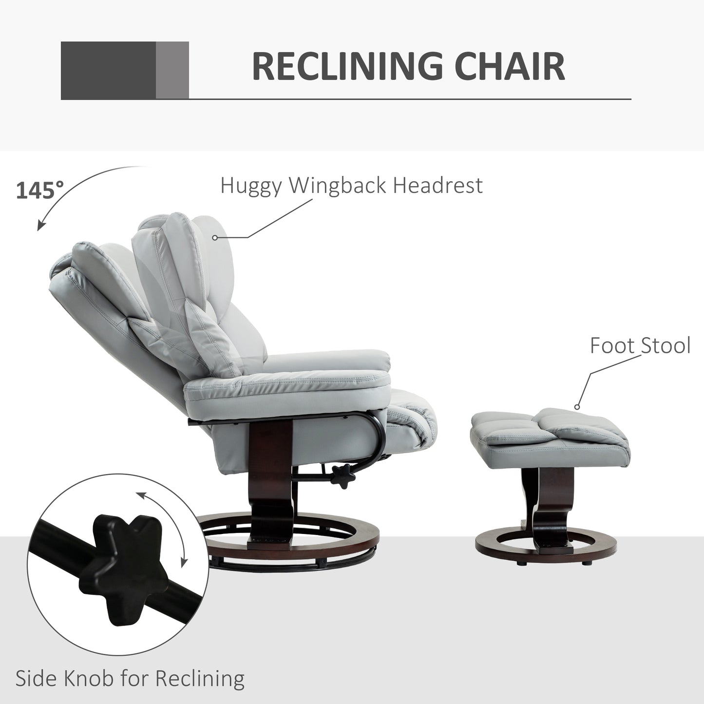 HOMCOM Faux Leather Recliner Chair and Footstool Light Grey