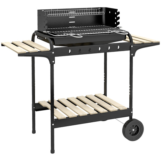 Outsunny Charcoal BBQ Grill, Adjustable Height, Portable Trolley with Ash Catcher & Wheels for Garden Parties, Black
