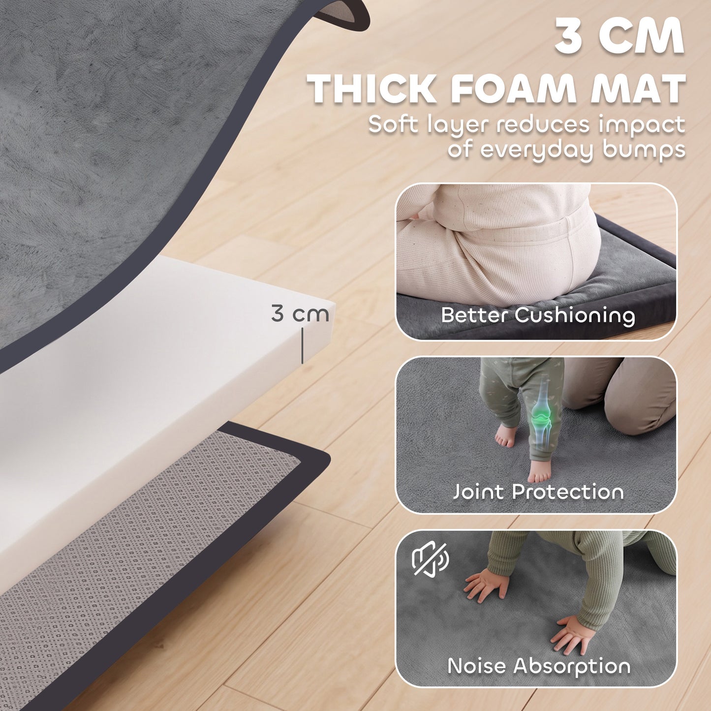 AIYAPLAY Baby Play Mat, 3CM Thick Foam Playmat Rug, Soft Flannel, Non-Slip, Water Resistant, Easy Care, 180 x 150 cm, Dark Grey