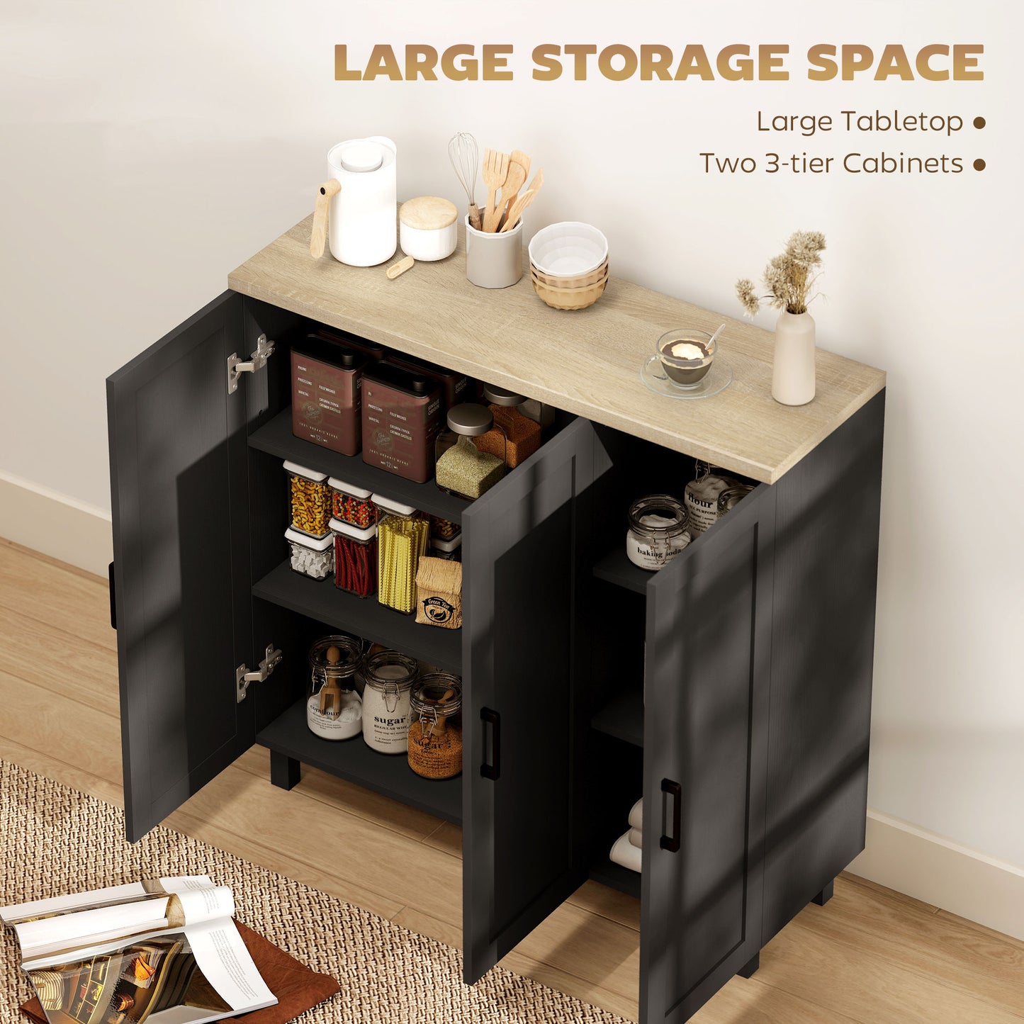 HOMCOM Sideboard Buffet Cabinet, Kitchen Storage Cabinet with 3 Doors and Adjustable Shelves for Living Room, Kitchen, Black