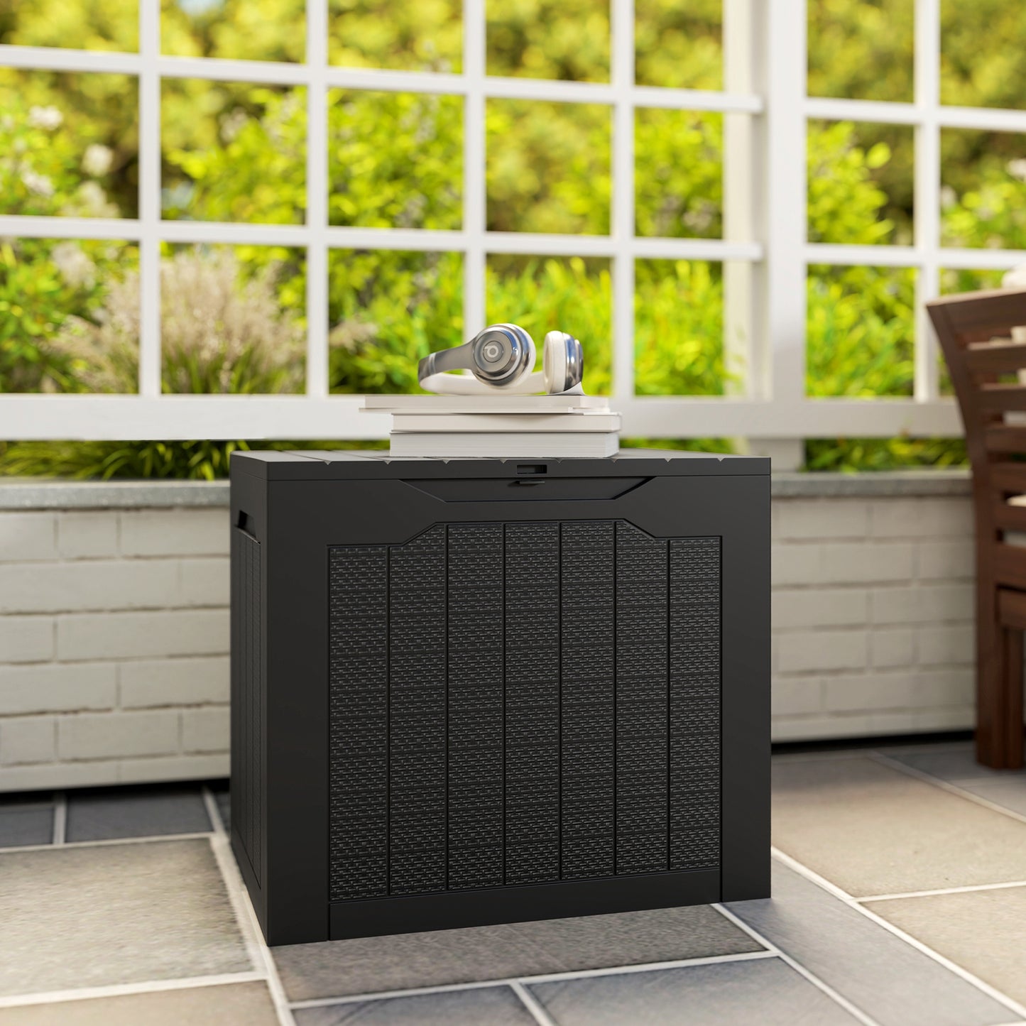 Outsunny 93L Plastic Garden Storage Box, Outdoor Storage Box with Handles, Waterproof Outdoor Storage Container, Black