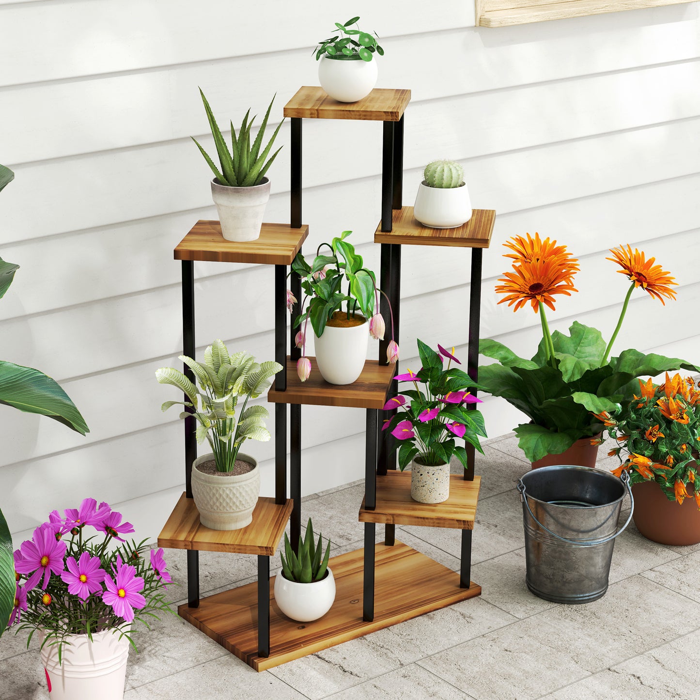 Outsunny Plant Stand: 7 Tier Indoor/Outdoor Corner Steel-Wood Shelf, Tall Display Rack for Multiple Plants, Carbonised Finish