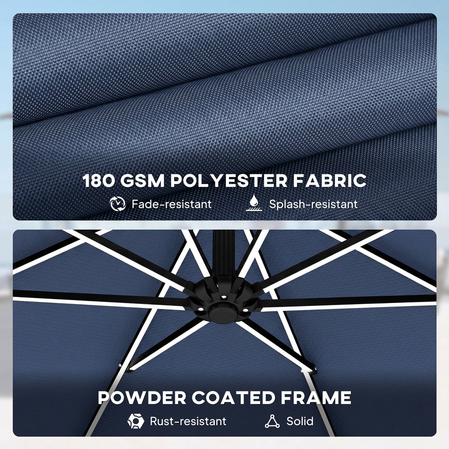 Outsunny 3 m Garden Cantilever Parasol with LED Solar Light, Round Overhanging Umbrella with 360° Rotation, Cover, Navy Blue