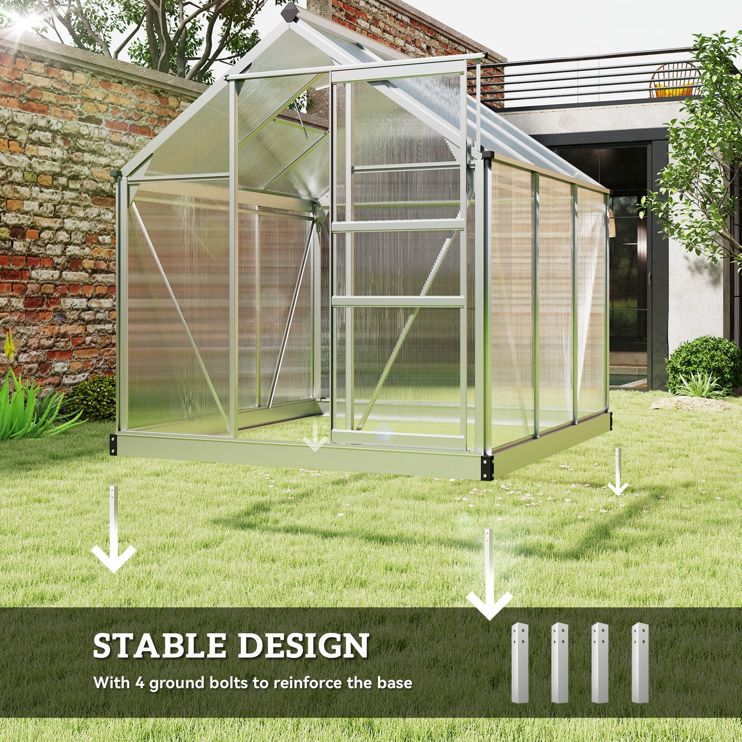 Outsunny Polycarbonate Greenhouse, Large Walk-In Green House with Slide Door and Window, Aluminium Frame, 6x6ft, Silver Tone