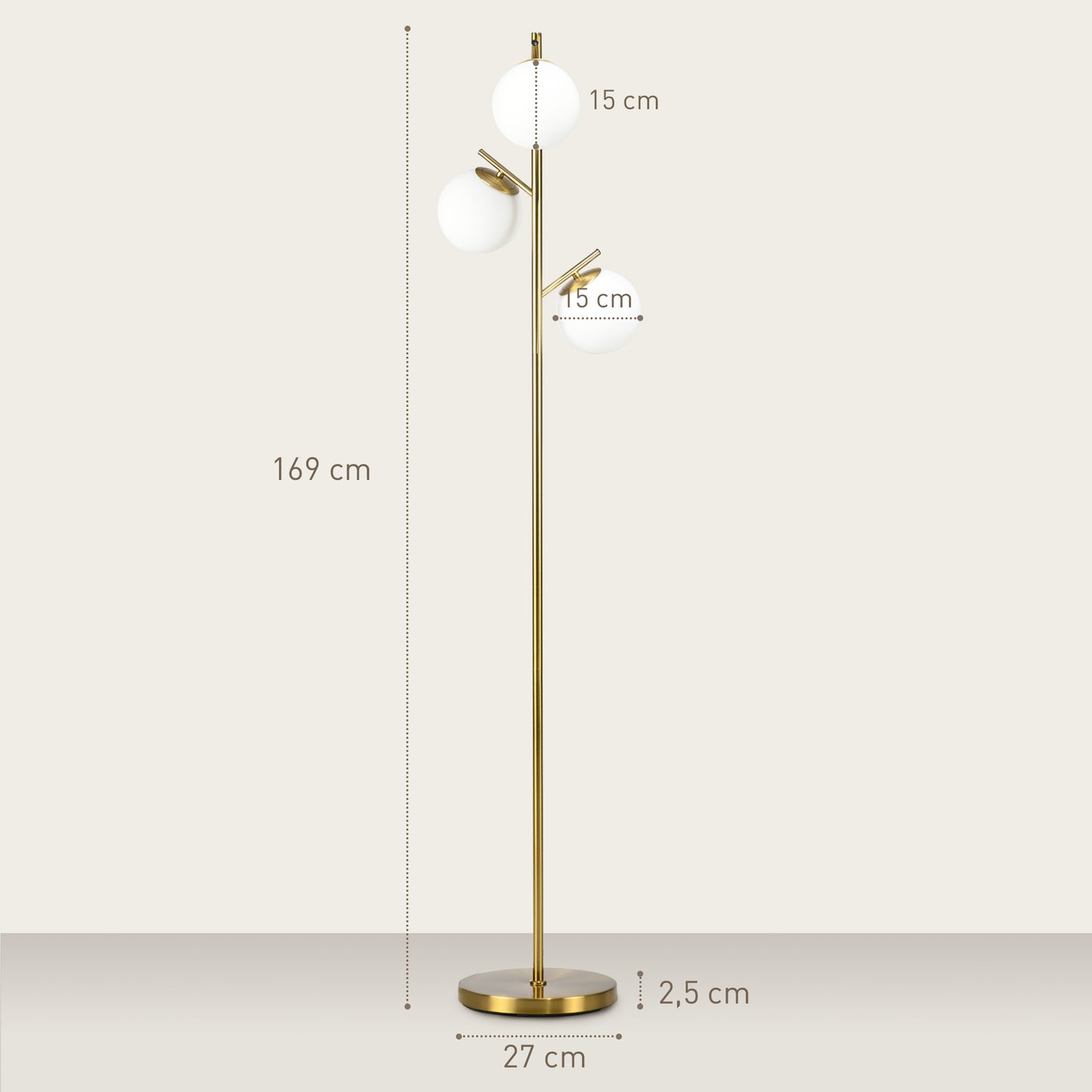 HOMCOM 3-Light Tree Floor Lamp, Modern Standing Lamp with Globe Lampshade, 3 Color Temps, Steel Base, Gold Tone