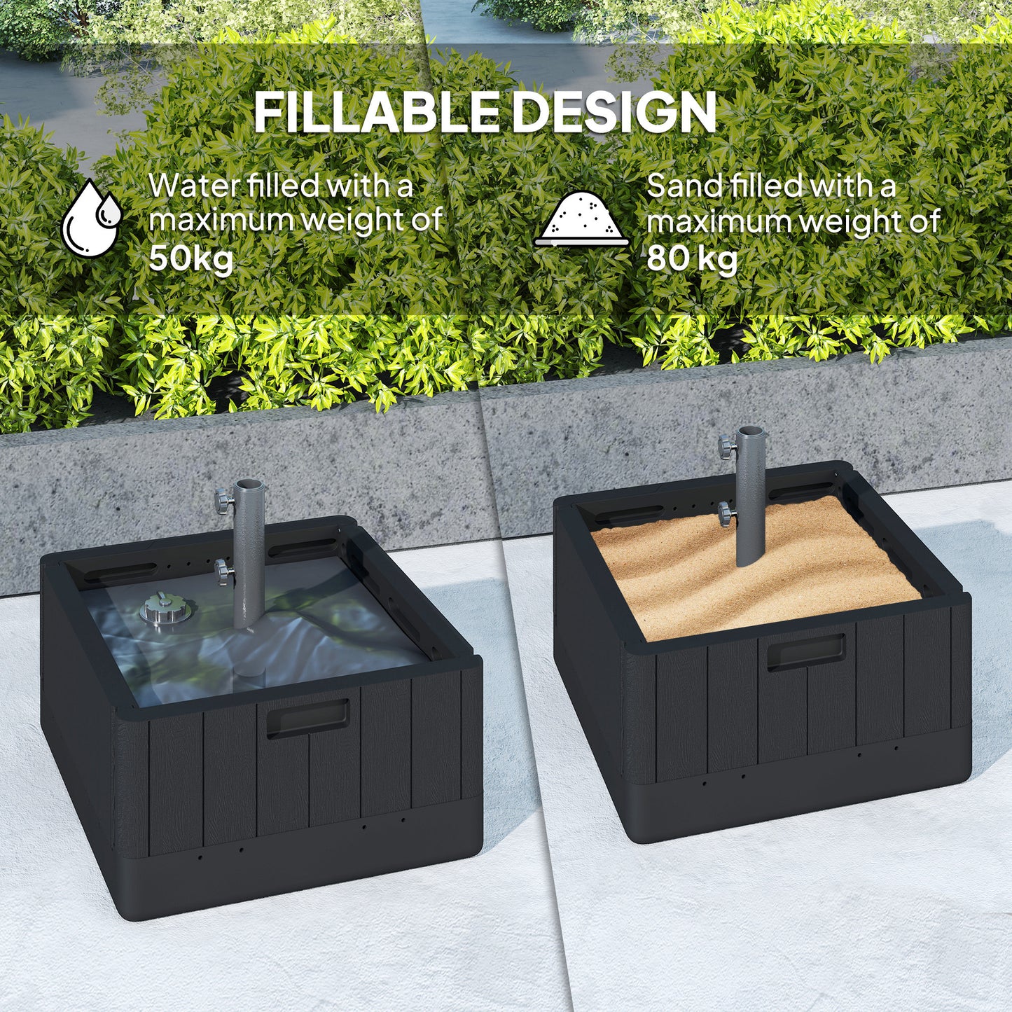 Outsunny Garden Parasol Base with Wheels, Handles, 80kg Stand/50kg Water Fill, Black