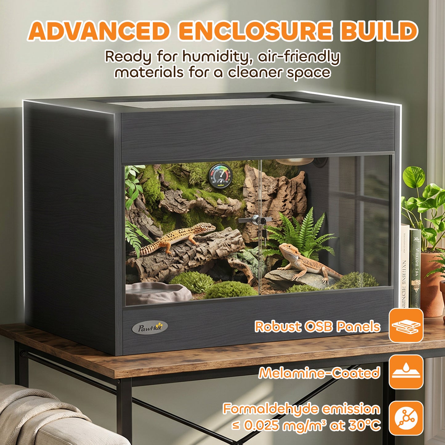 PawHut Reptile Terrarium, Reptile Vivarium with  Glass Doors, Secure Lock, Top Ventilation for Snake, Gecko, 60x45x45cm, Black