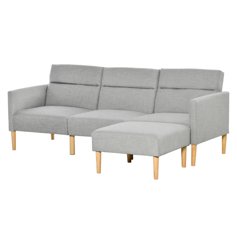 HOMCOM L Shape Sofa Bed Set, Linen Fabric Corner Sofa Bed with Rubber Wood Legs and Footstool, Light Grey