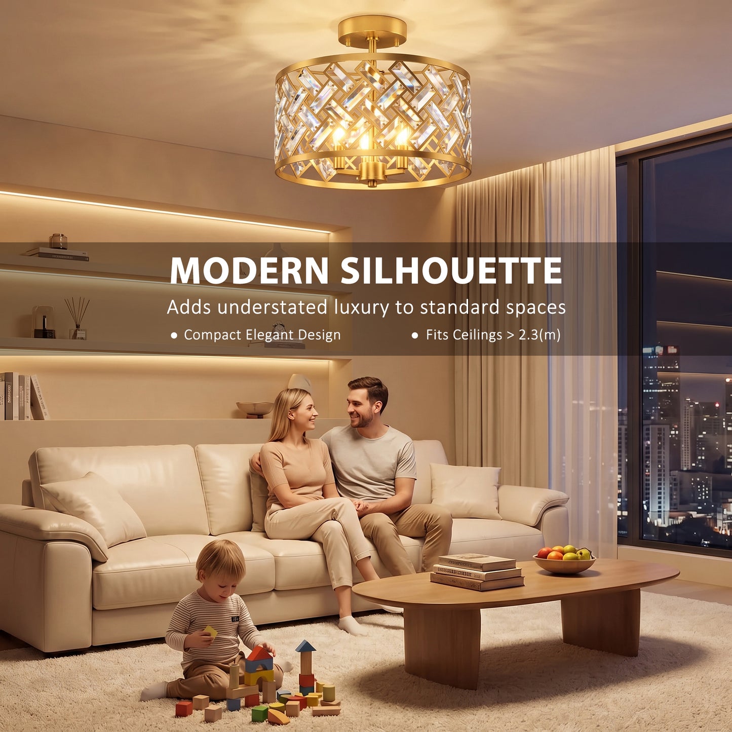 HOMCOM 3-Light Crystal Glass Ceiling Light, Modern Ceiling Lamp w/ 3 E14 Sockets for Living Room, Bulb Not Included, Gold Tone