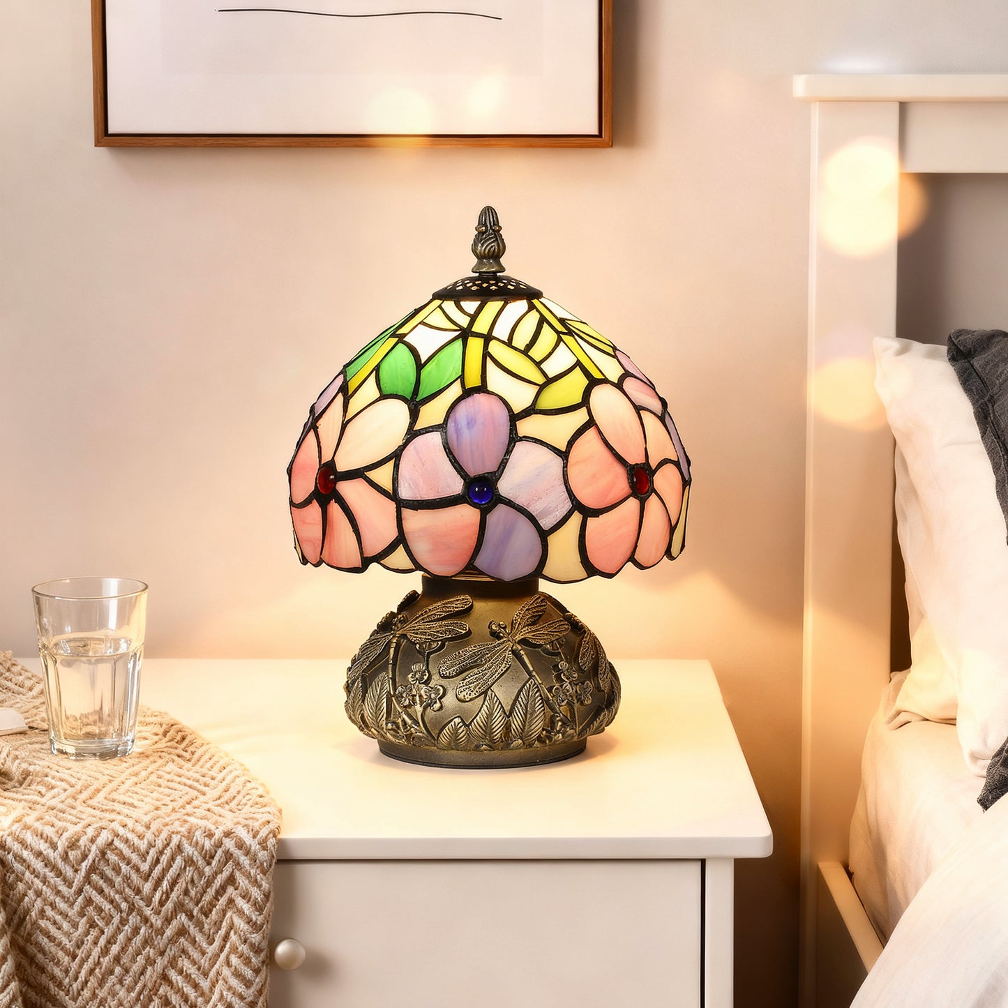 HOMCOM Tiffany-Style Table Lamp, Sculpted Dragonfly Base, Handcrafted Stained Glass, E27 Socket, for Living Room/Bedroom, Pink