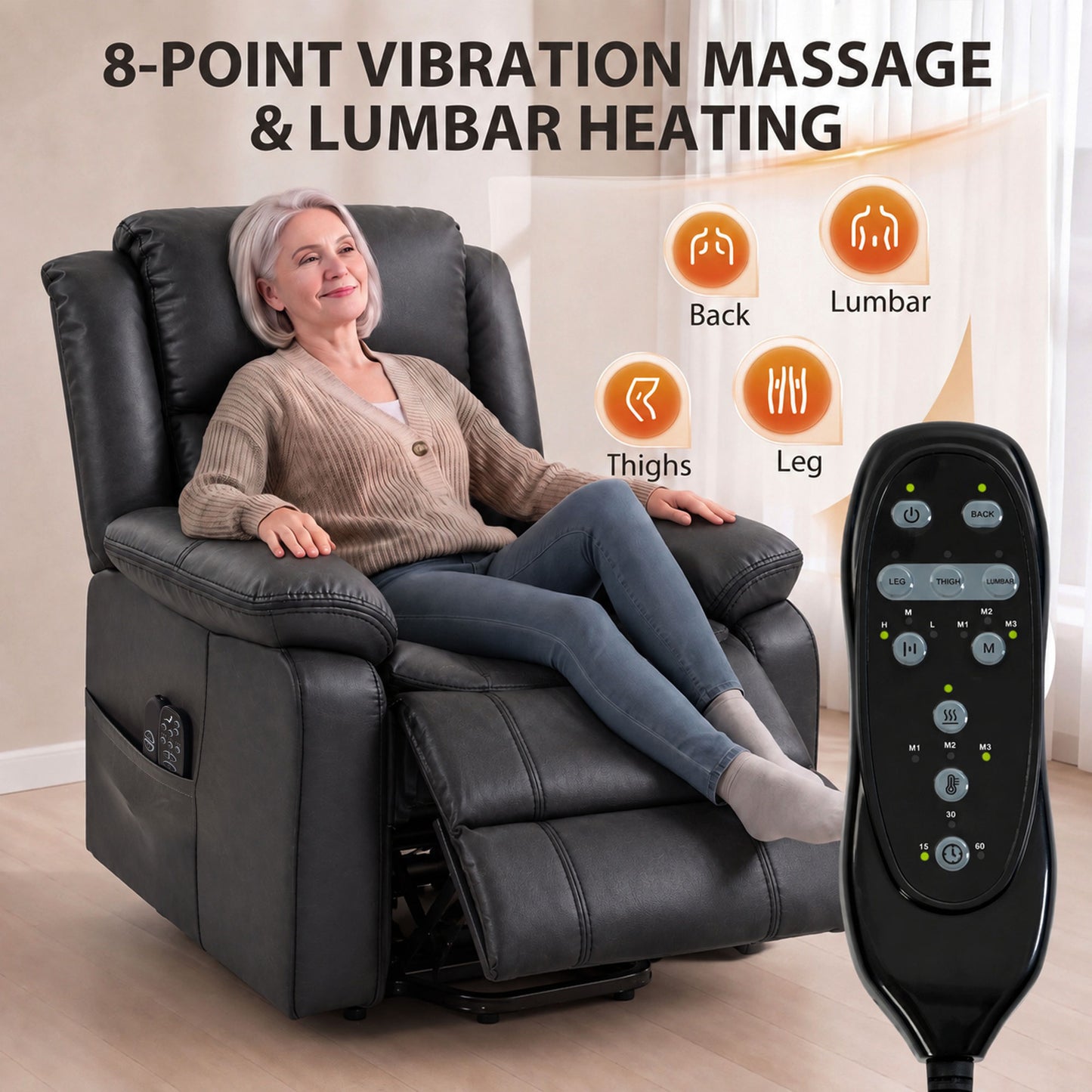 HOMCOM Riser Recliner Chair with Massage and Heat, PU Leather Power Electric Lift Armchair for Elderly, Charcoal Grey
