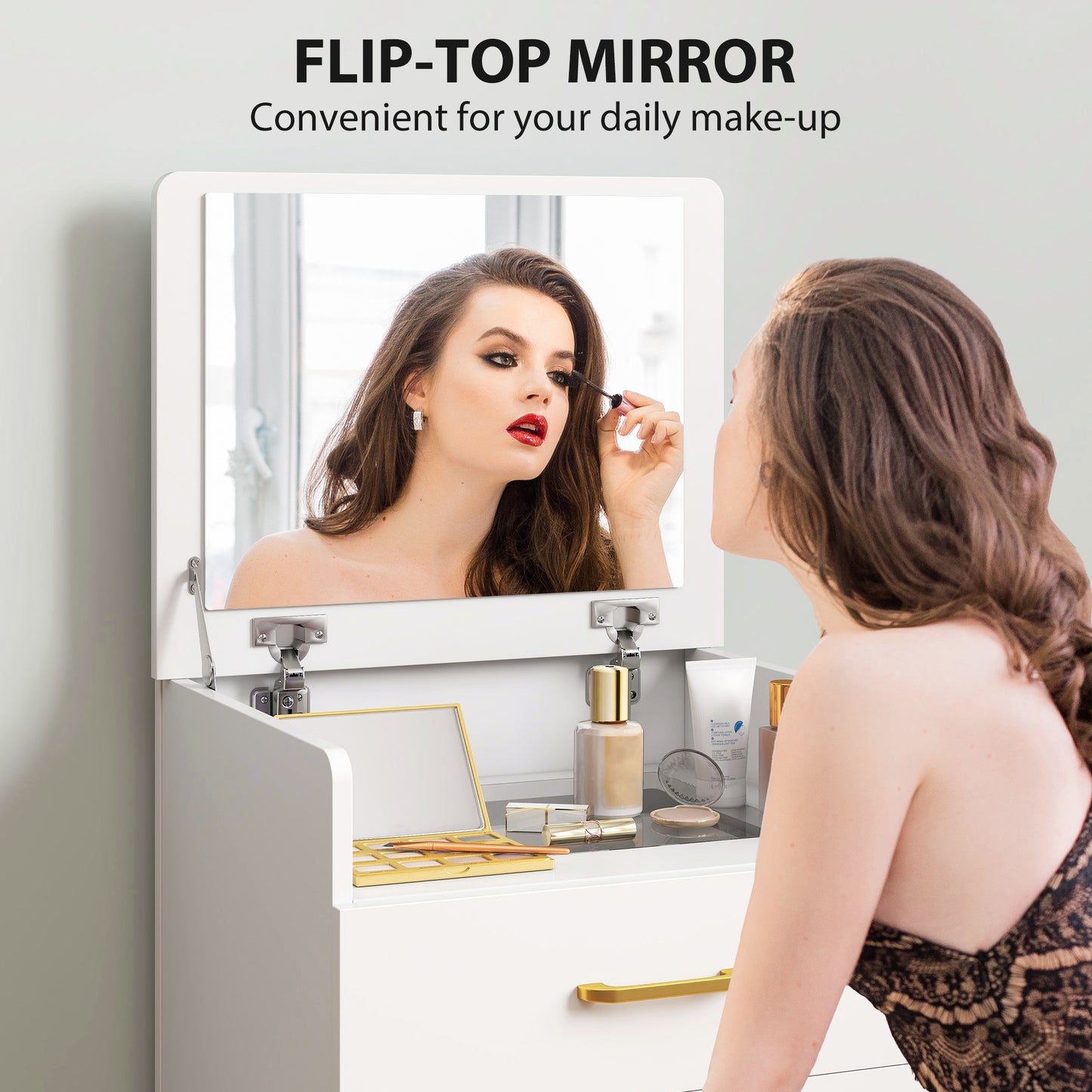 HOMCOM 3-in-1 Dressing Table with Flip-top Mirror, Glass Top, Drawers, Side Hook, Rolling Cushioned Storage Stool, White.