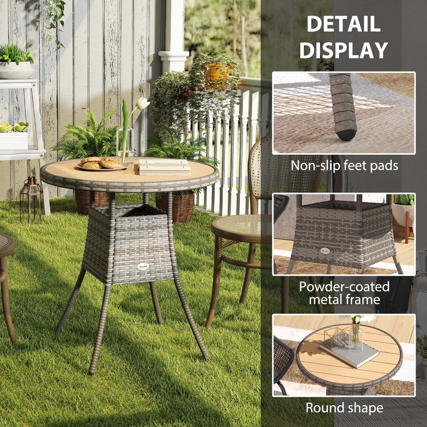 Outsunny 70 cm Wood-Effect Rattan Garden Table - Natural Wood Finish