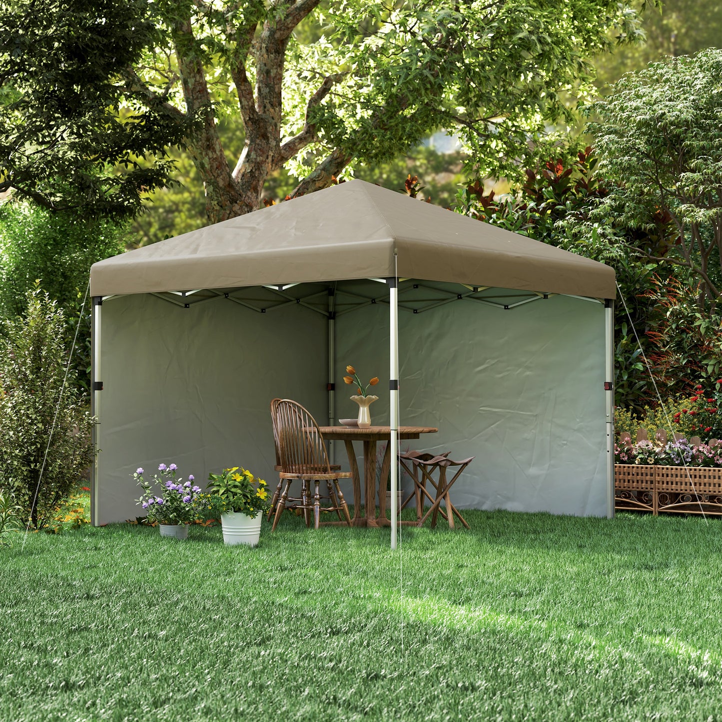 Outsunny 3x3m Pop Up Gazebo, UPF 30+, 2 Sidewalls, Leg Weight Bags & Wheeled Bag, Adjustable, Khaki