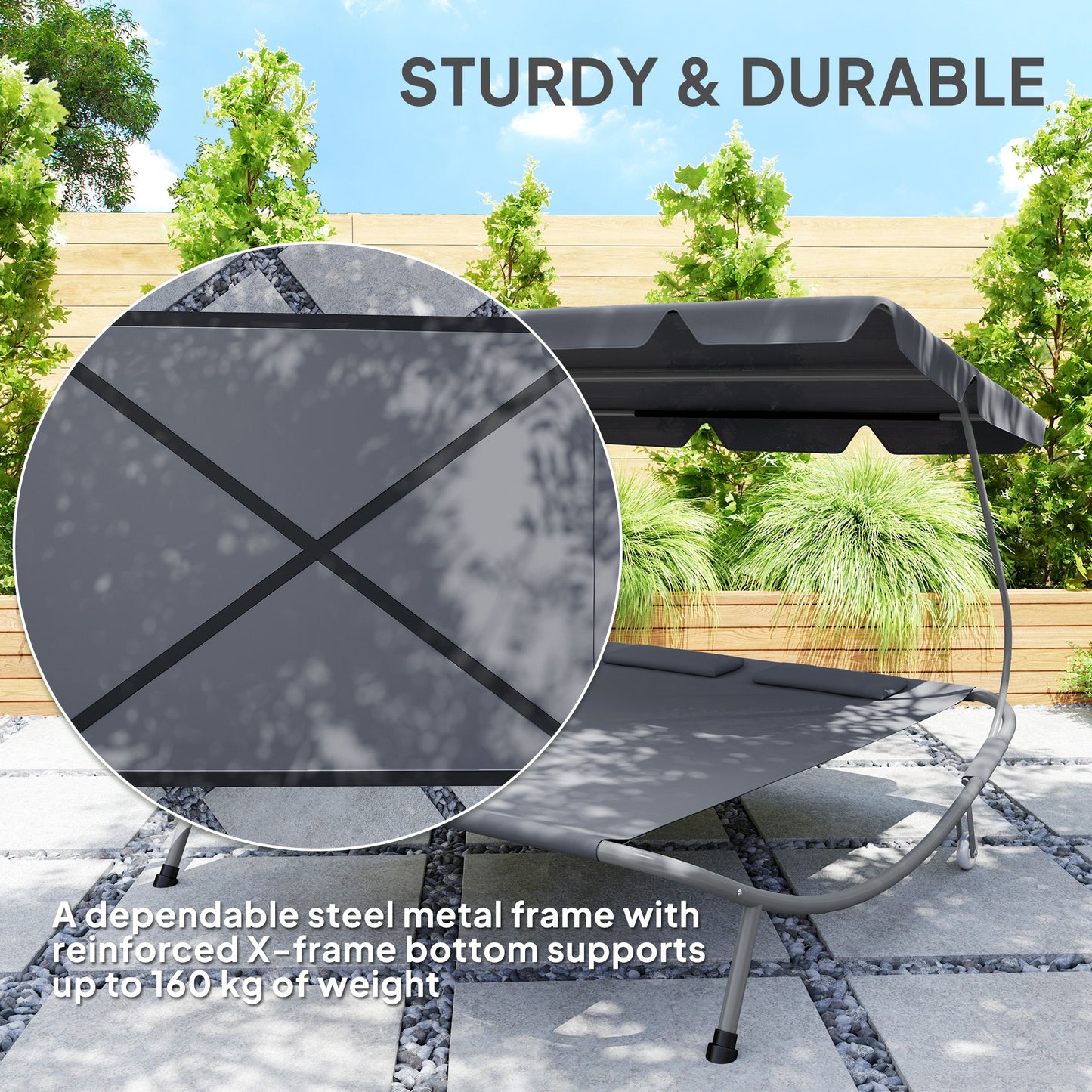 Outsunny Double Hammock Sun Lounger Bed with Canopy Shelter, Wheels & 2 Pillows, Light Grey