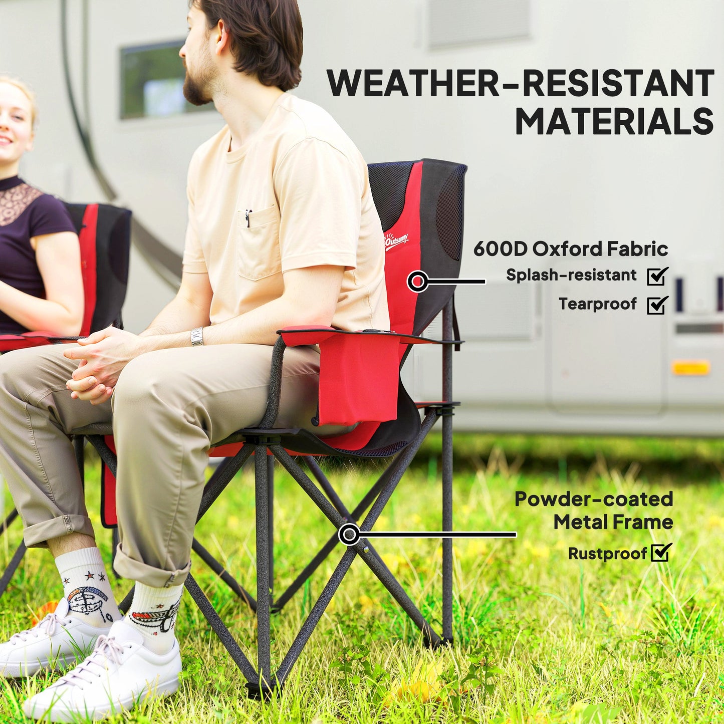 Outsunny Set of 2 Padded Folding Camping Chairs, Adjustable Armrests, Cooler Bag, Cup Holder, Side Pockets, Portable & Lightweight, Red