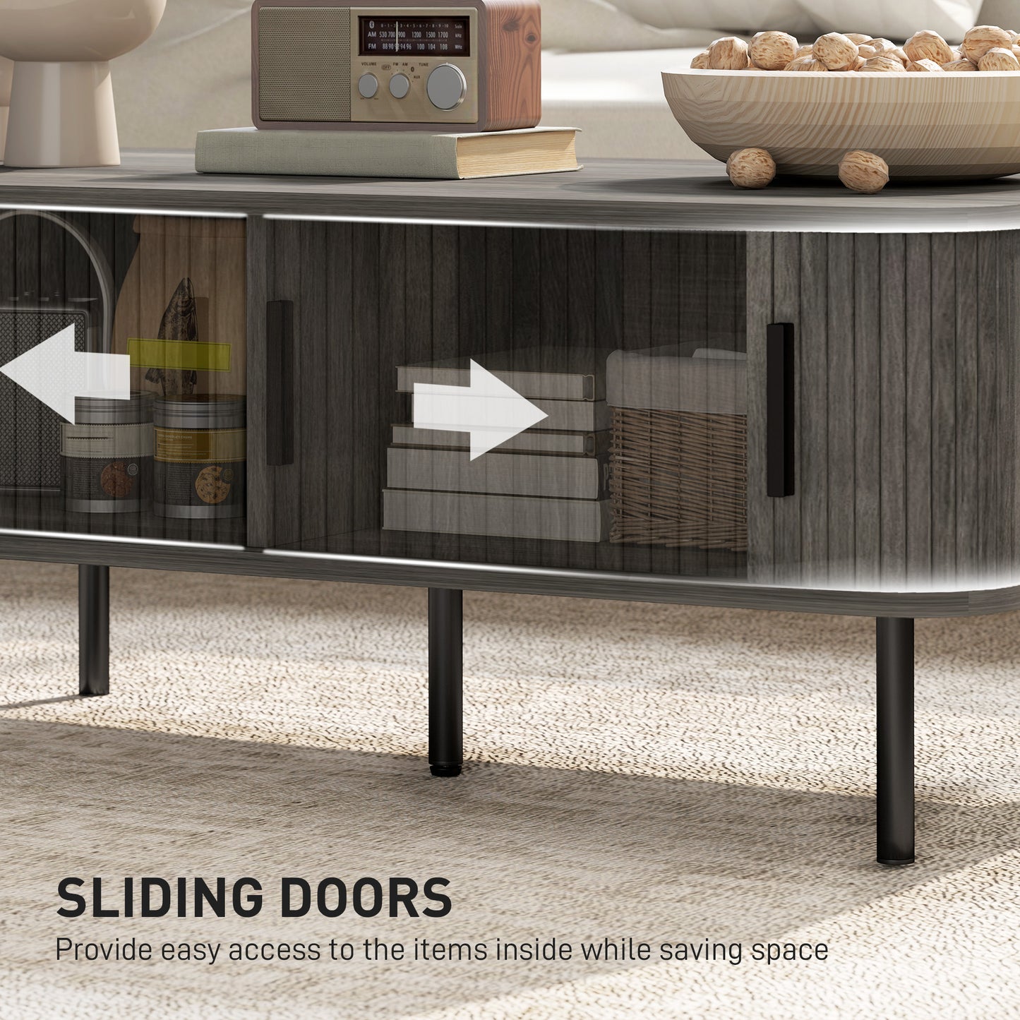 HOMCOM Coffee Table, Storage & Slatted Tambour Sliding Doors, Rectangular with Elevated Base & Foot Pads, Living Room, Grey Wood-Effect
