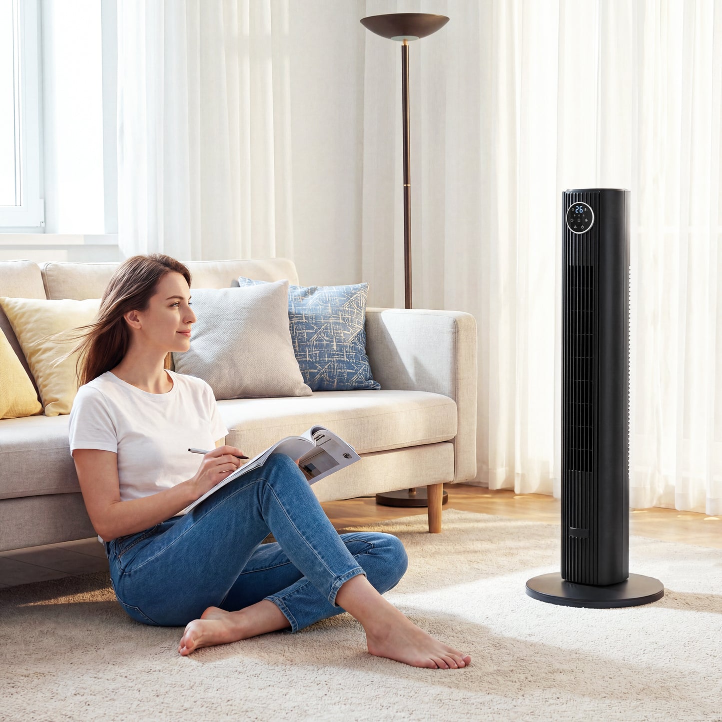 HOMCOM 28dB Tower Fan for Bedroom, 26 ft/s Velocity Standing Cooling Fan with 80° Oscillating, 12 Speeds, LED Display, 4 Modes, 12H Timer, Remote Control, 36 inch, Black