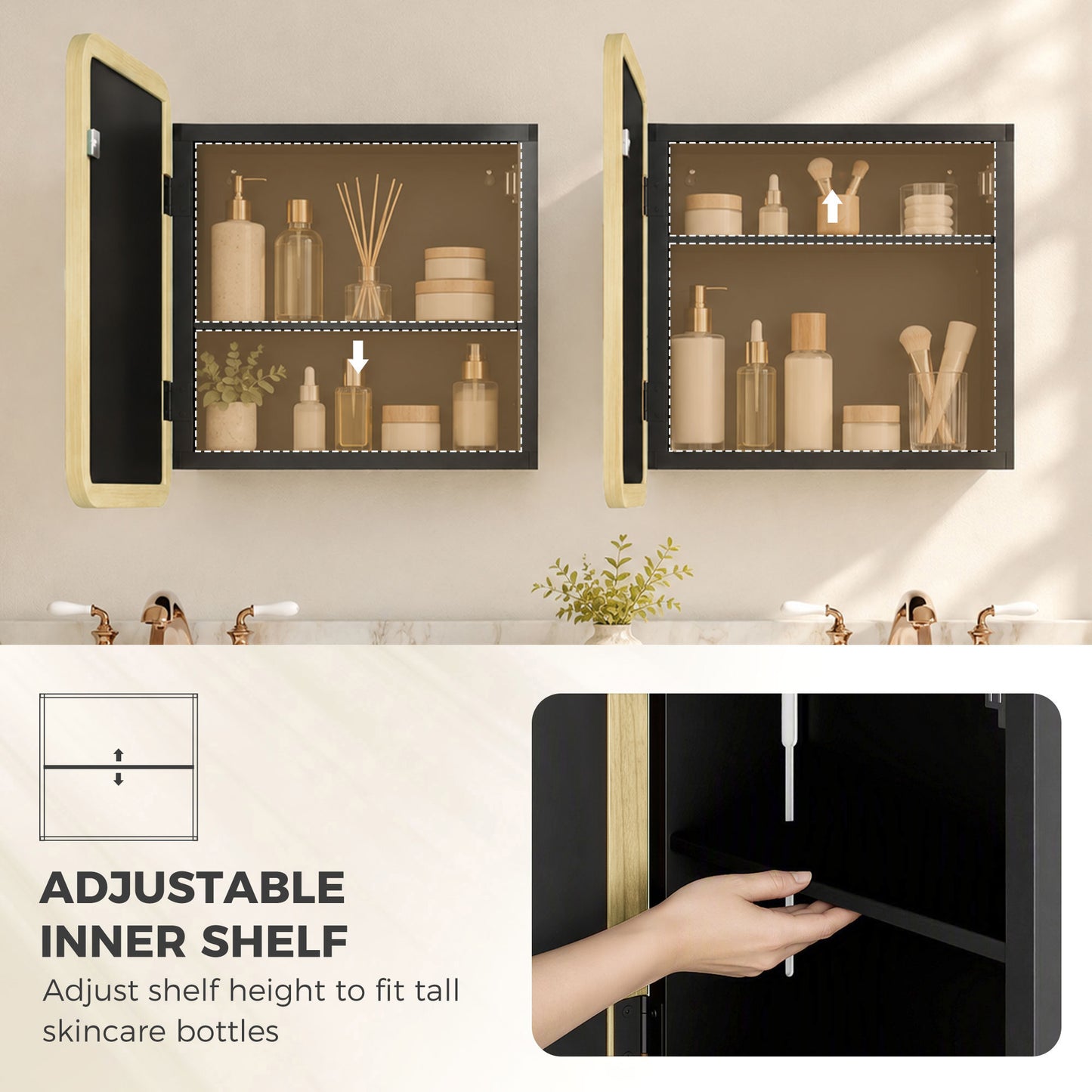 HOMCOM Bathroom Medicine Mirror Cabinet, Bathroom Wall Cabinet w/ Storage, Magnetic Door, Adjustable Shelf, Natural Wood Finish