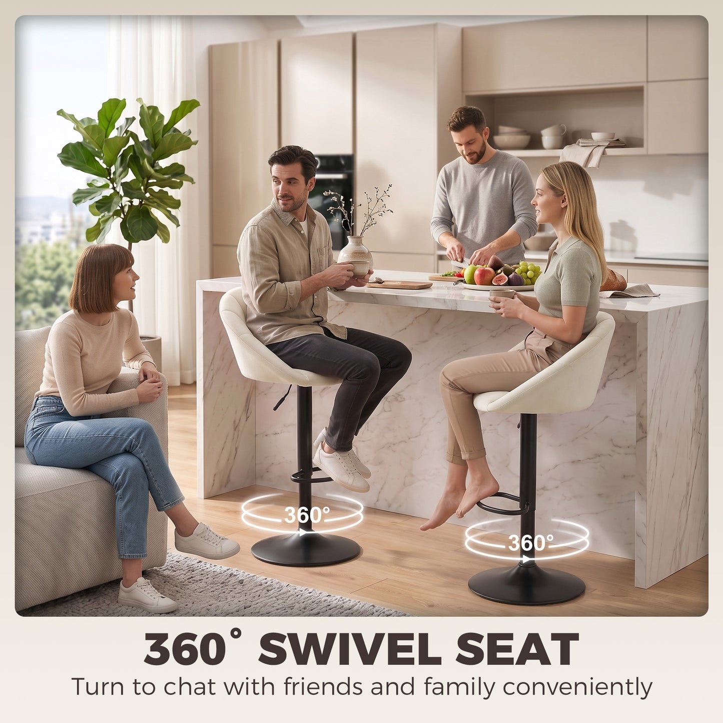 HOMCOM Set of 2 Velvet-Feel Bar Stools, Swivel Adjustable Height Breakfast Bar Chairs with Backrest, Footrest, Quilted Kitchen Stools for Dining Room, White