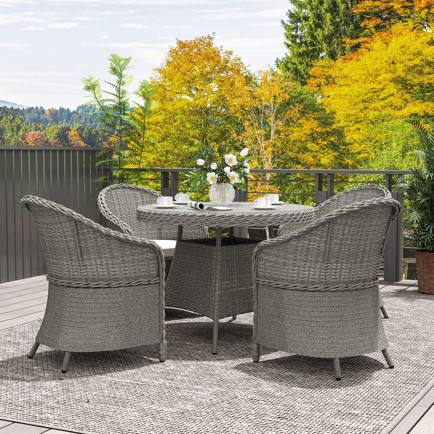 Outsunny 4-Seater Rattan Garden Furniture Set, Glass-Top Table & Cushions, Umbrella Hole, Outdoor Dining, Grey