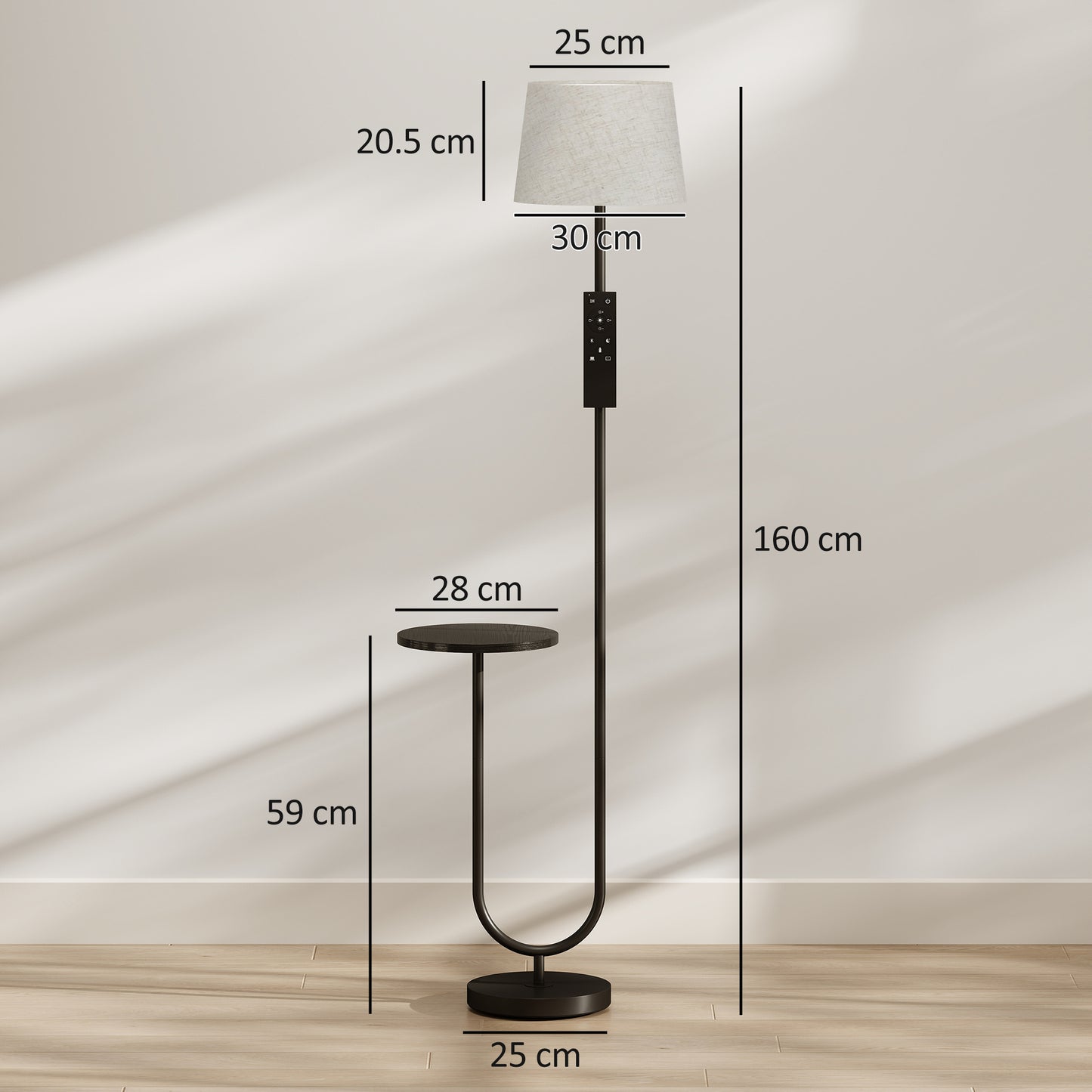 HOMCOM Modern Floor Lamp with Shelf, Dimmable Floor Lamp with Linen Shade, RF Remote and Foot Switch for Living Room, Black