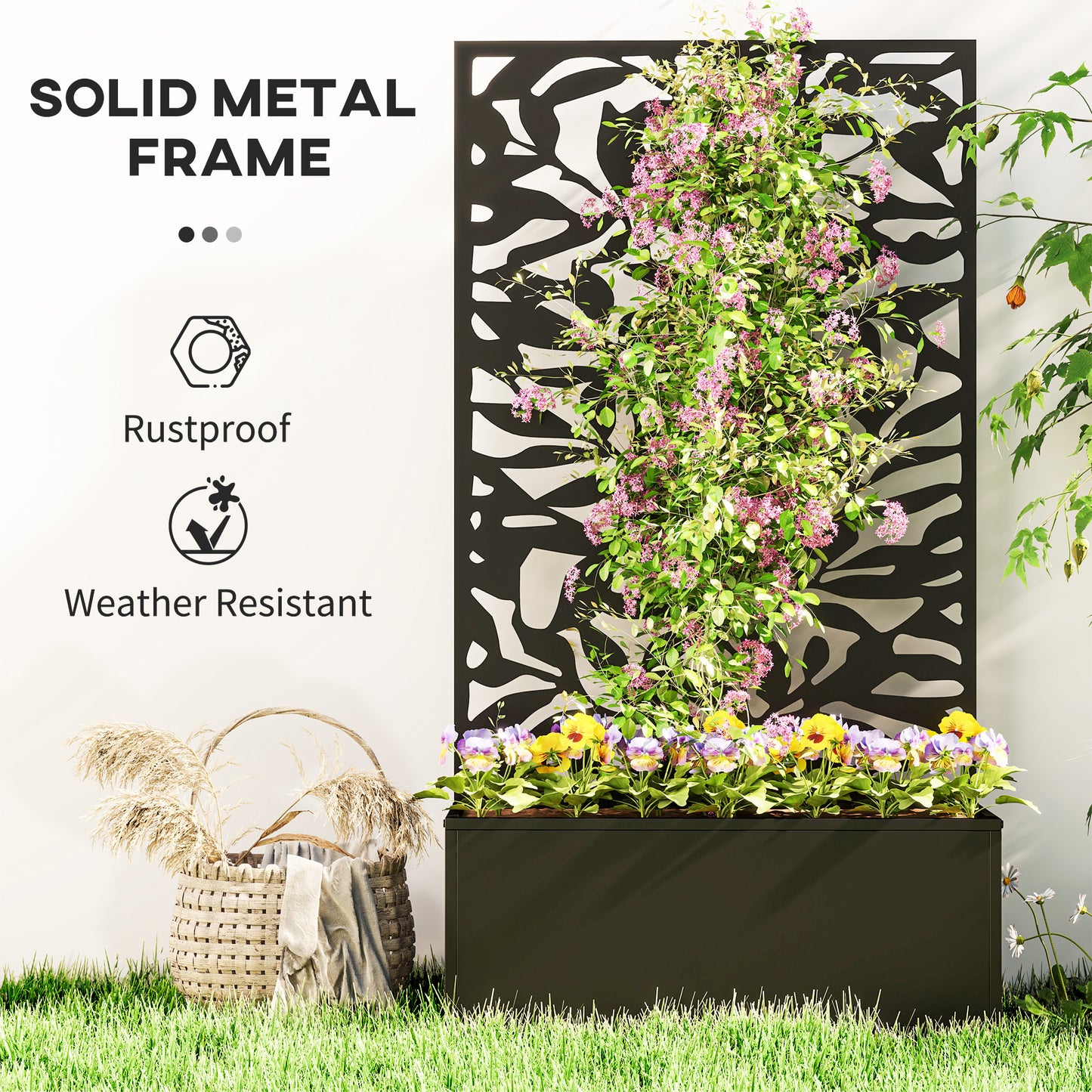 Outsunny Metal Garden Bed with Trellis, Wall Mounted or Freestanding Raised Planter with Privacy Panel, Black