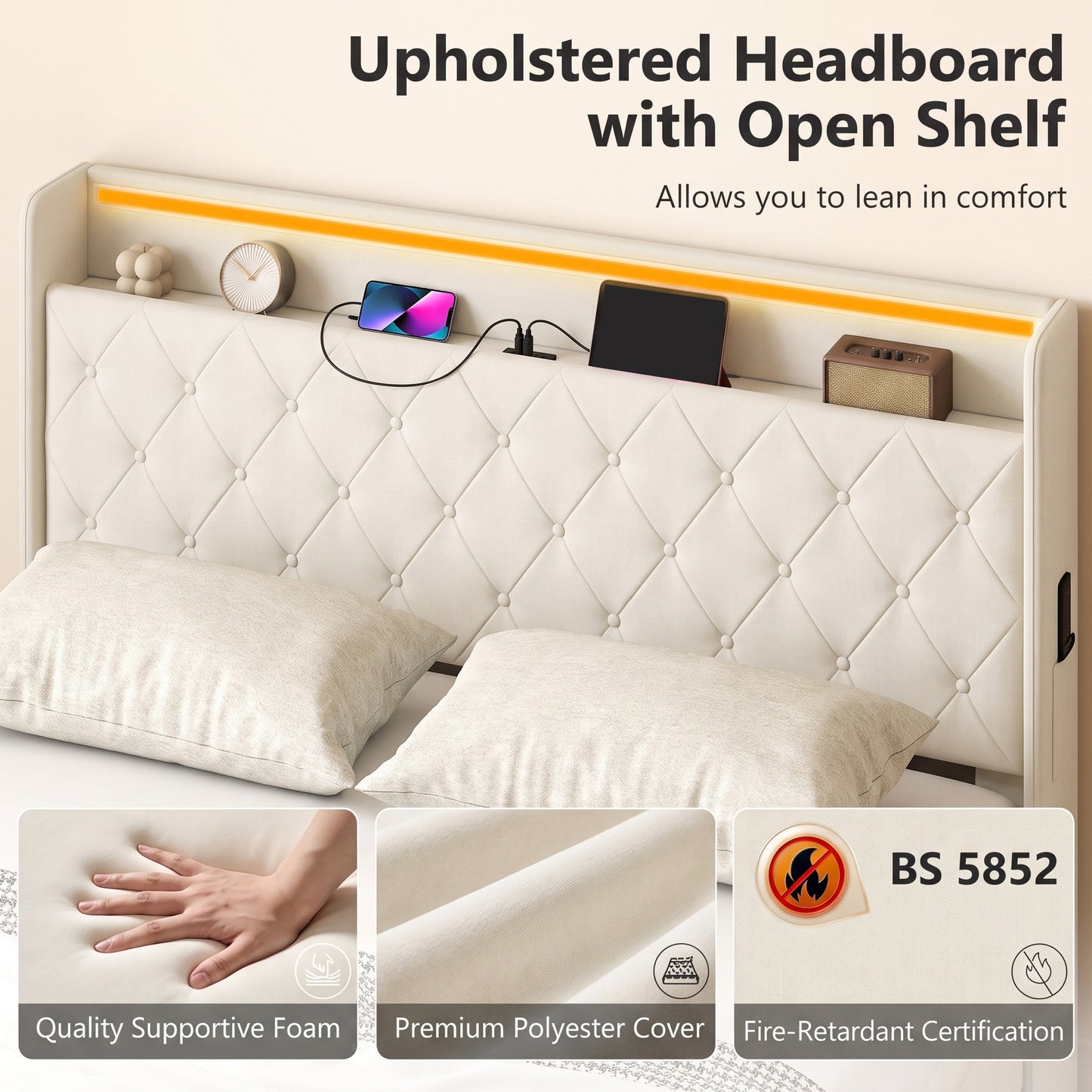 HOMCOM 5ft King Bed Frame with Headboard, Platform Bed Frame with Hydraulic Storage, LED Lights and Charging Station, White
