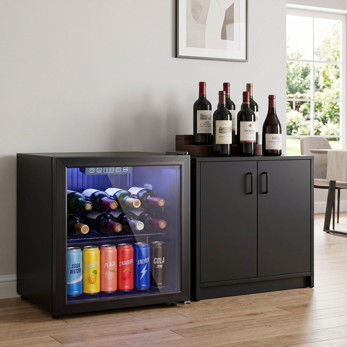 HOMCOM 50L Drinks Fridge, 48 Can Under Counter Freestanding Beer Fridge with Double-Layer Glass Door, Wine Cooler with LED Light, Adjustable Shelf, Beverage Cooler for Soda Beer, Home Office