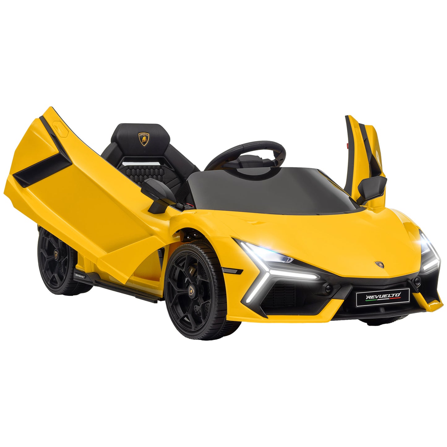 AIYAPLAY Lamborghini Revuelto Licensed 12V Ride on Car w/ Butterfly Doors Training Wheels, Suspension, Remote Control Yellow