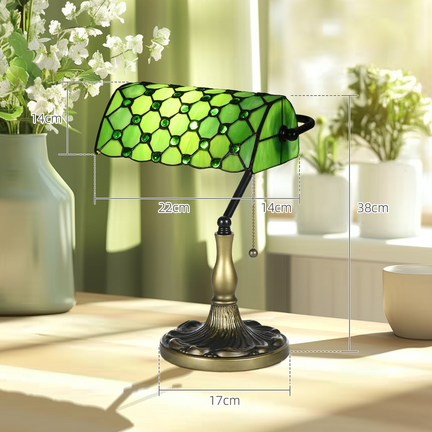 HOMCOM Tiffany Style Table Lamp with Green Shade, Metal Base, Pull Rope Switch