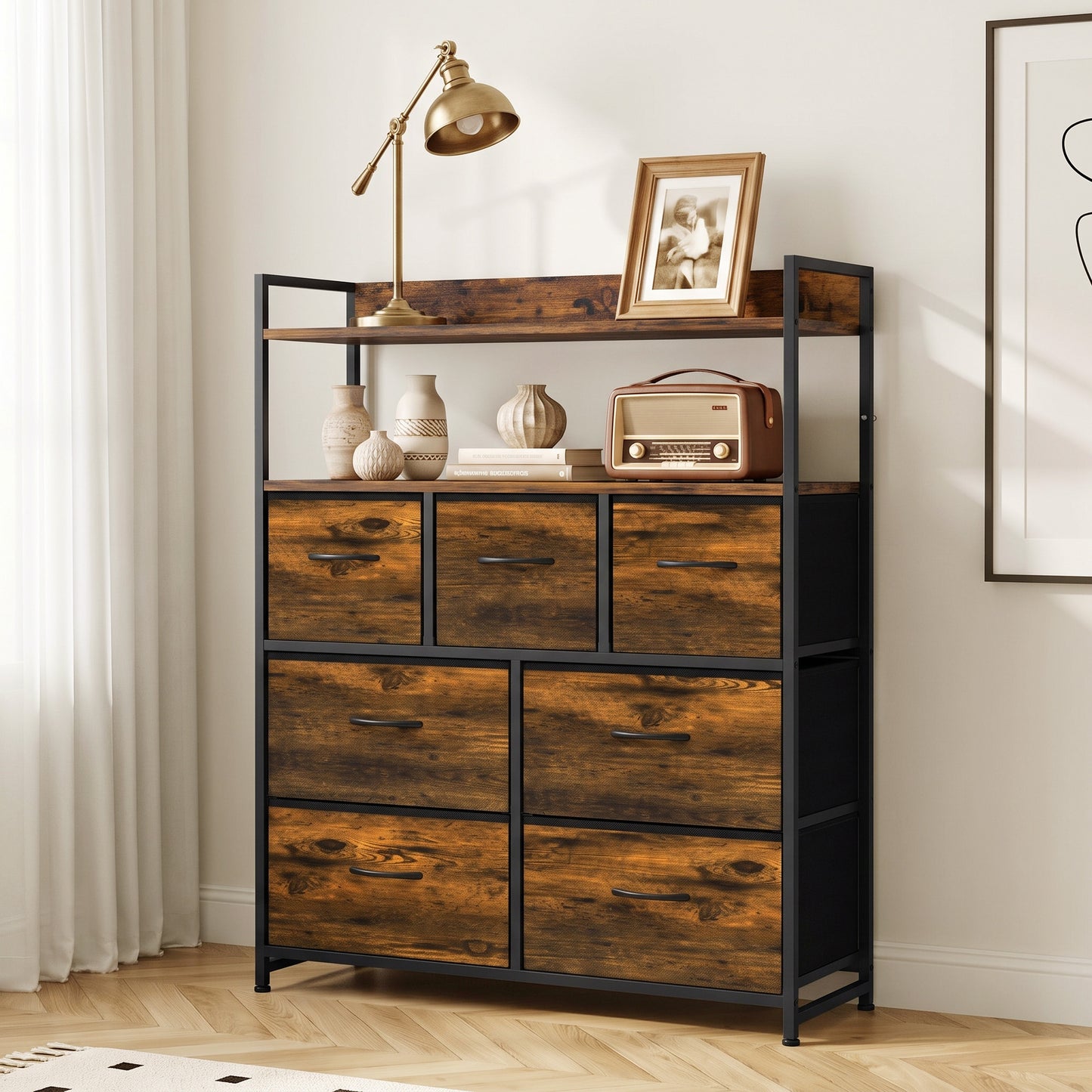 HOMCOM Chest of Drawers, Bedroom Fabric Dresser with 7 Drawers, Storage Organiser Unit with Open Shelves, Rustic Brown