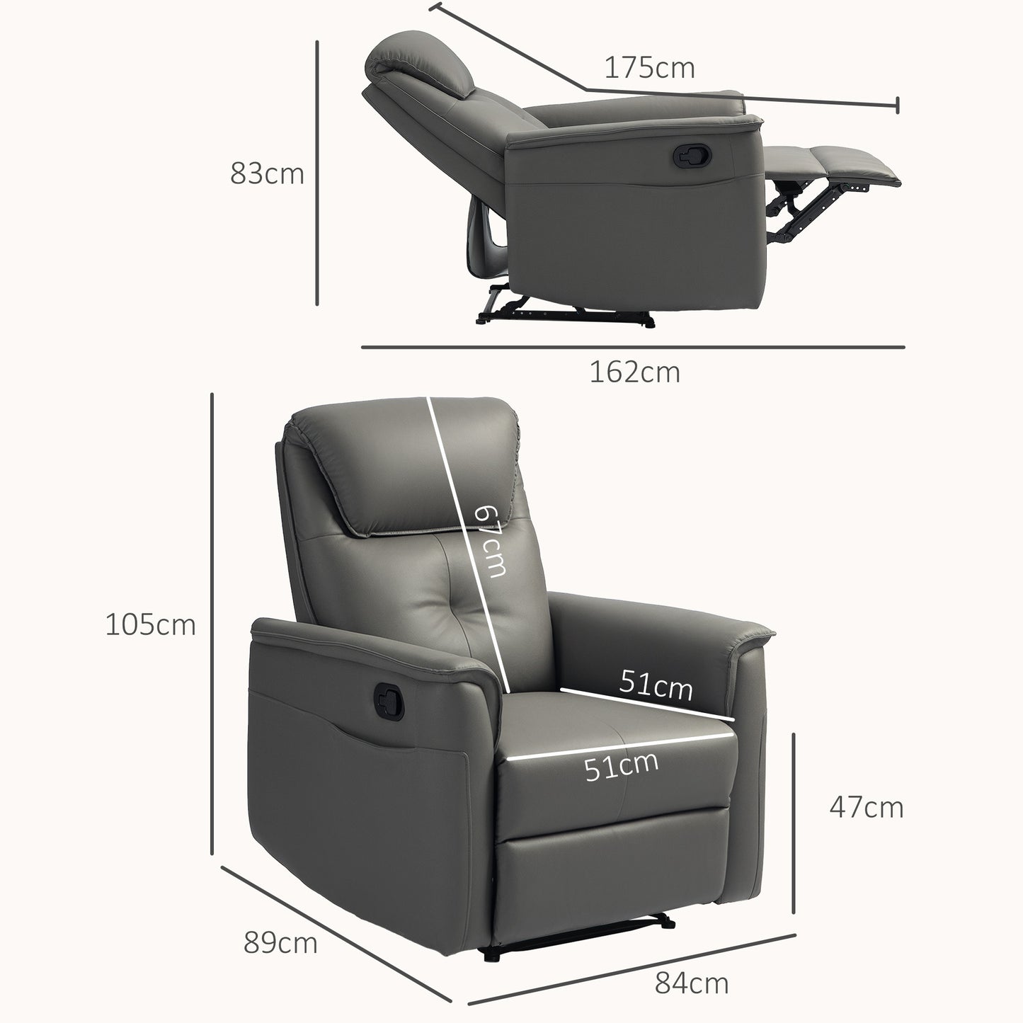 HOMCOM Recliner Armchair with Spring Cushion, Manual Recline, Light Grey