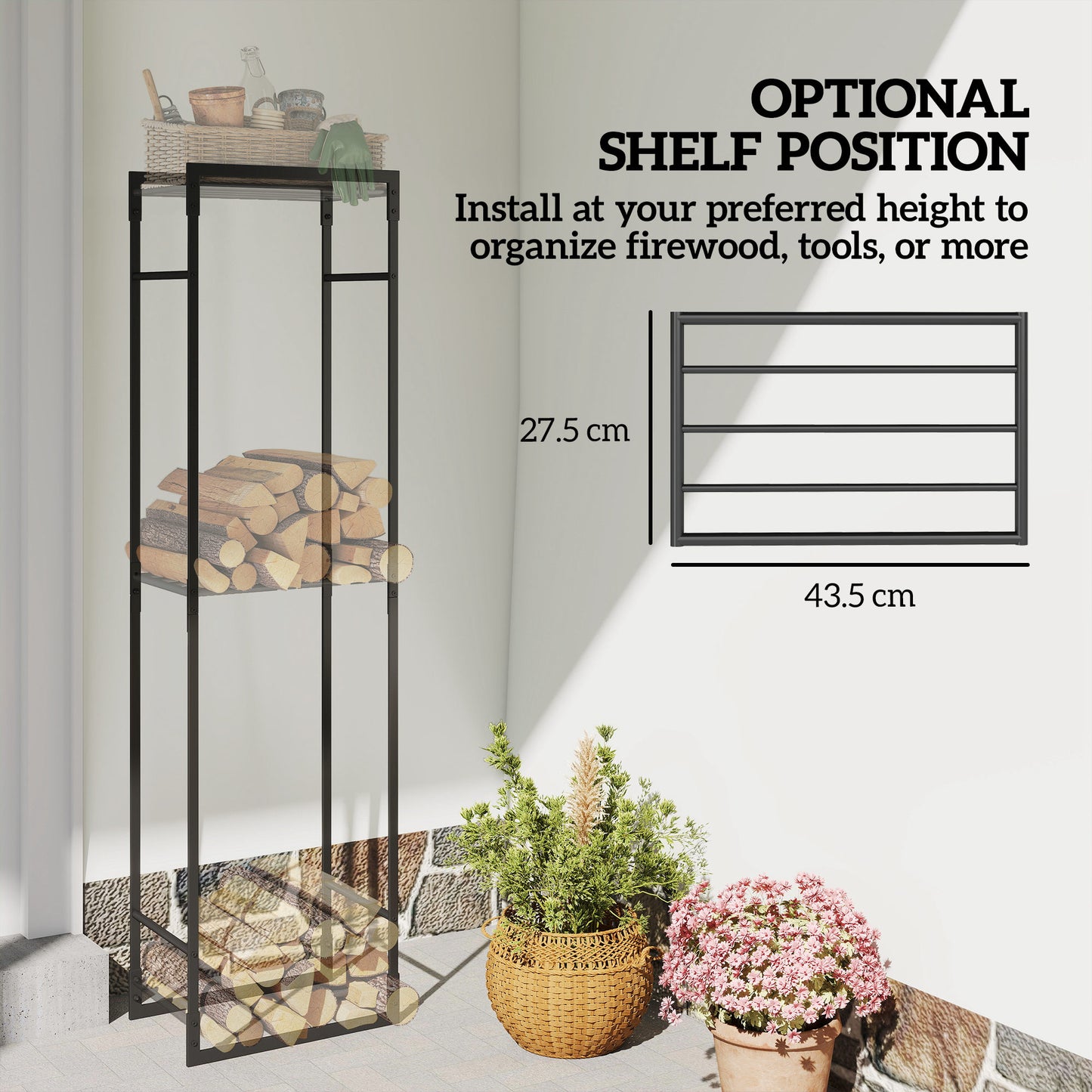 Outsunny Metal Firewood Log Holder, Heavy Duty Rack with Adjustable Shelf for Indoor/Outdoor, 45x31x170 cm, Black