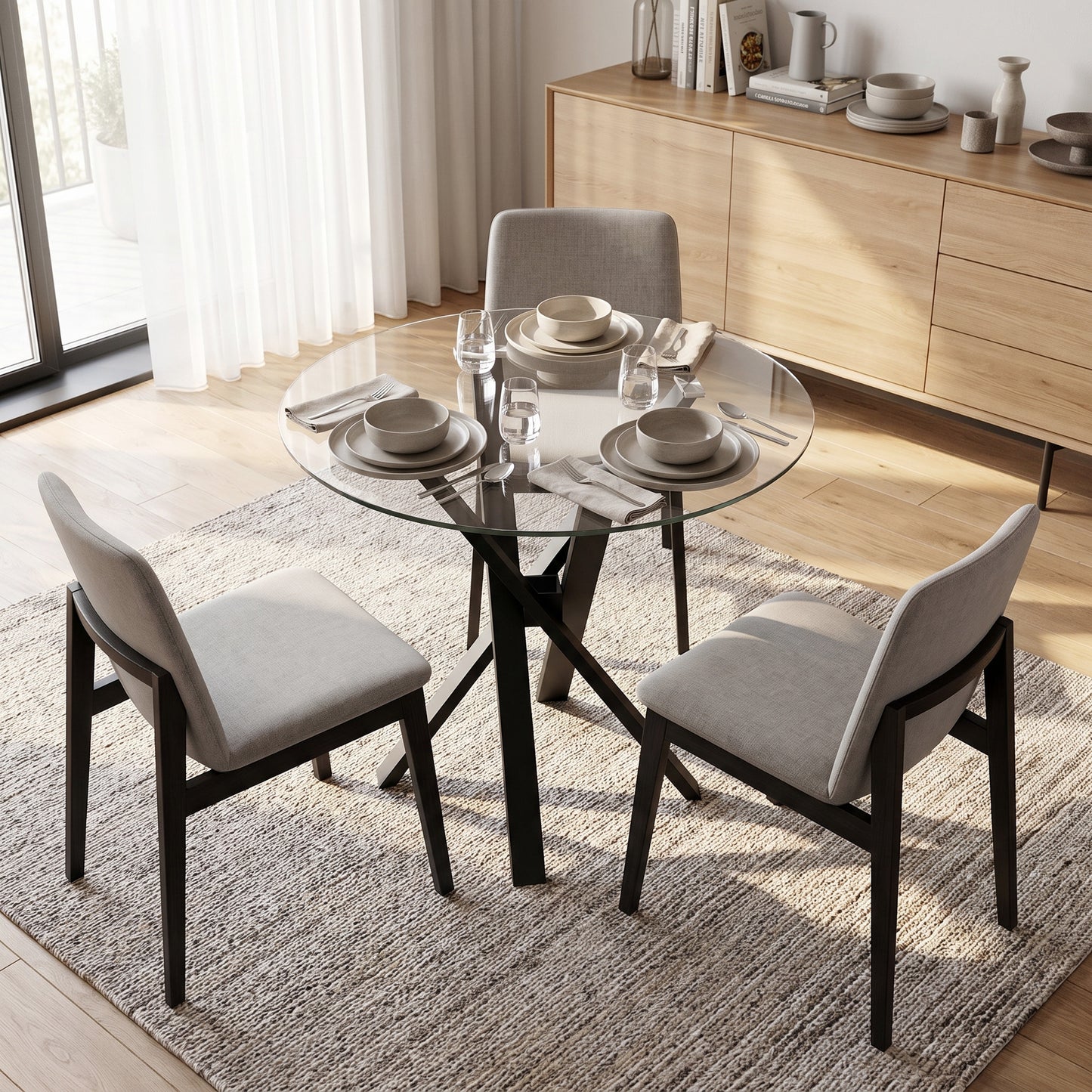 HOMCOM Round Dining Table for 4, 80cm Modern Kitchen Table with Tempered Glass Top and Cross Steel Legs, Clear
