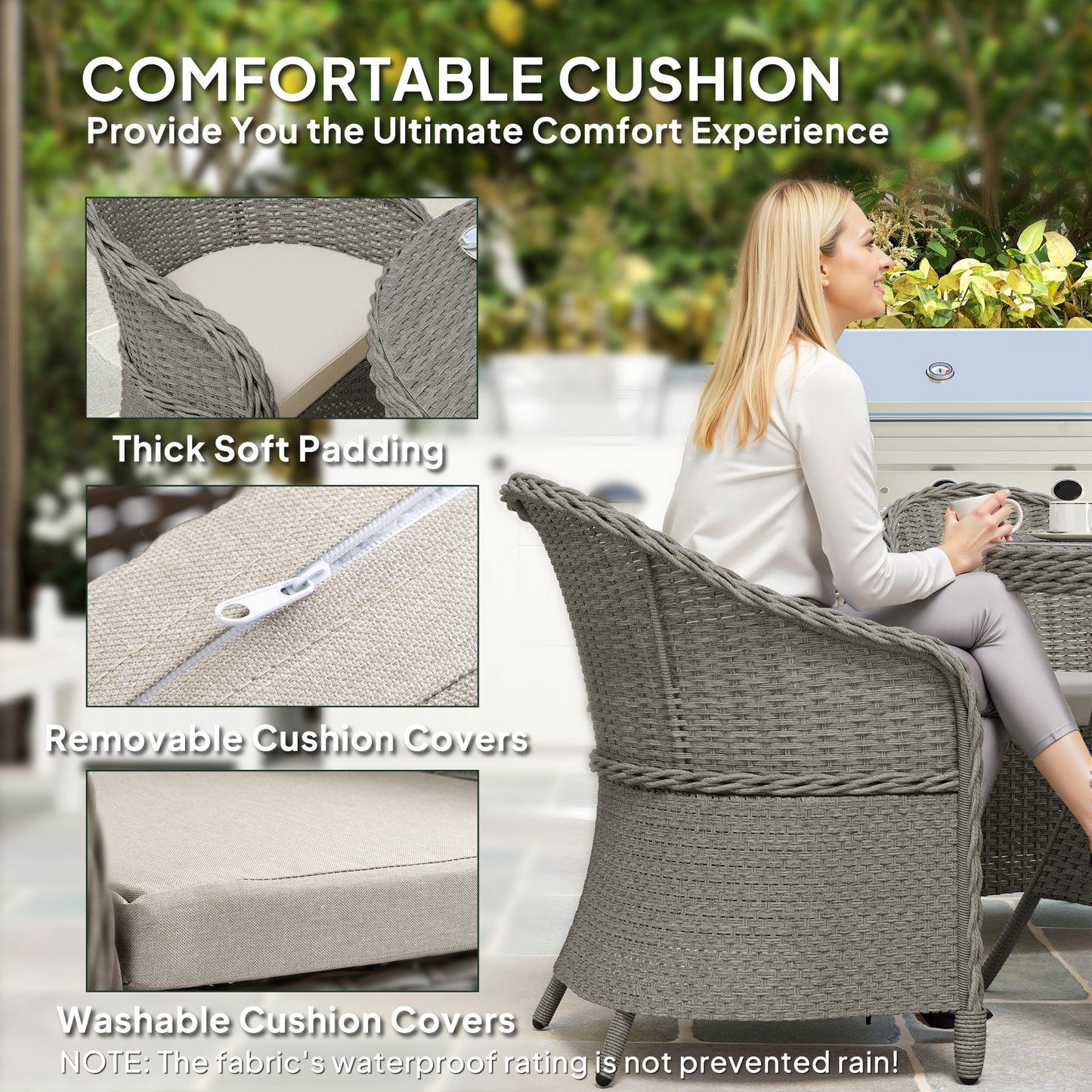Outsunny 4-Seater Rattan Garden Furniture Set, Glass-Top Table & Cushions, Umbrella Hole, Outdoor Dining, Grey