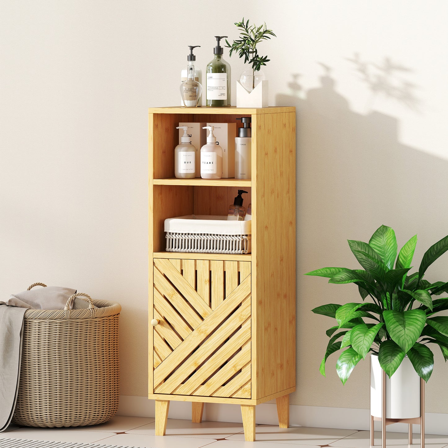 HOMCOM Slim Bathroom Cabinet, Narrow Freestanding Storage Cupboard with Bamboo Door and Legs, Open Compartments, Natural Wood Finish.