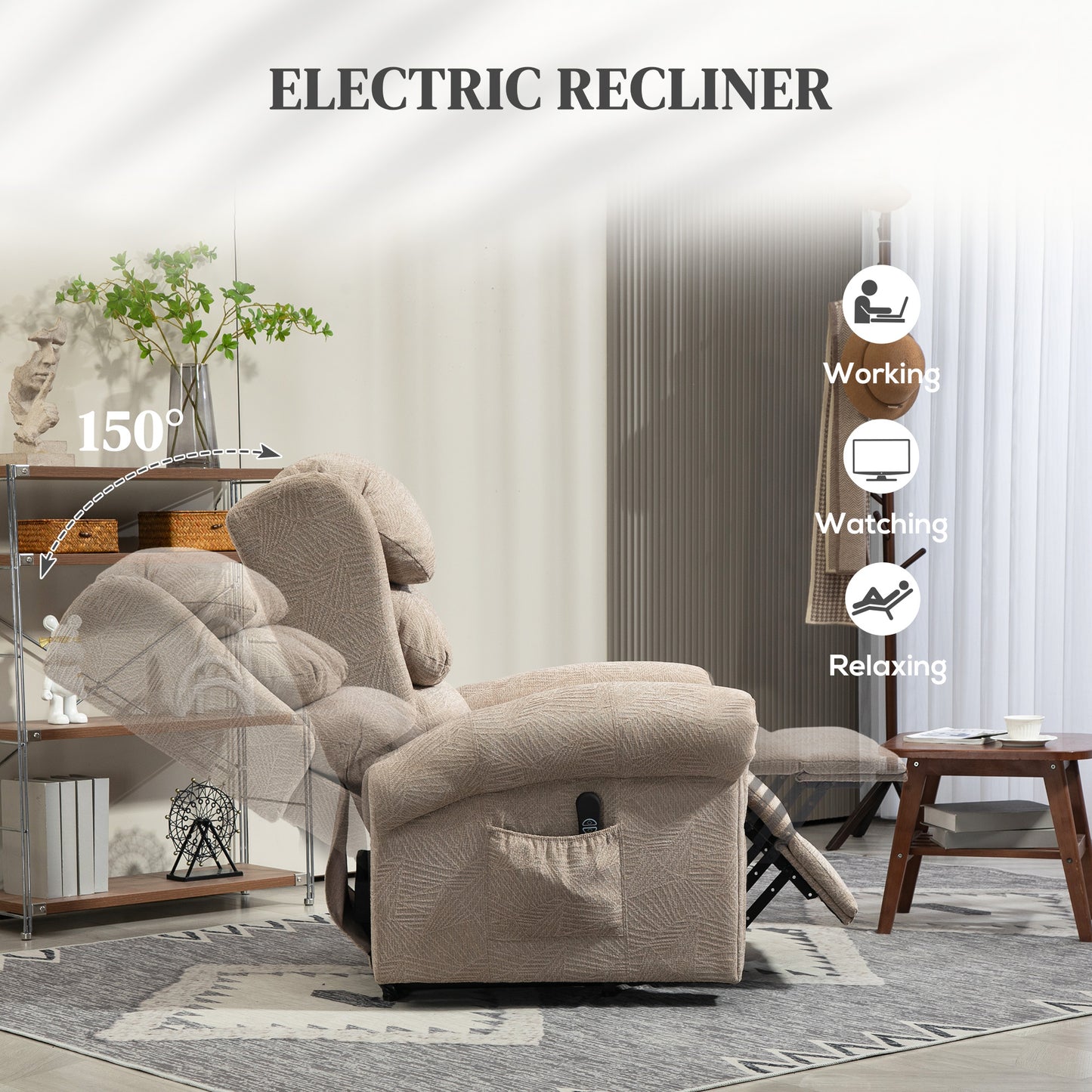 HOMCOM Power Lift Recliner Chair, Velvet Electric Armchair, Thick Back, Khaki