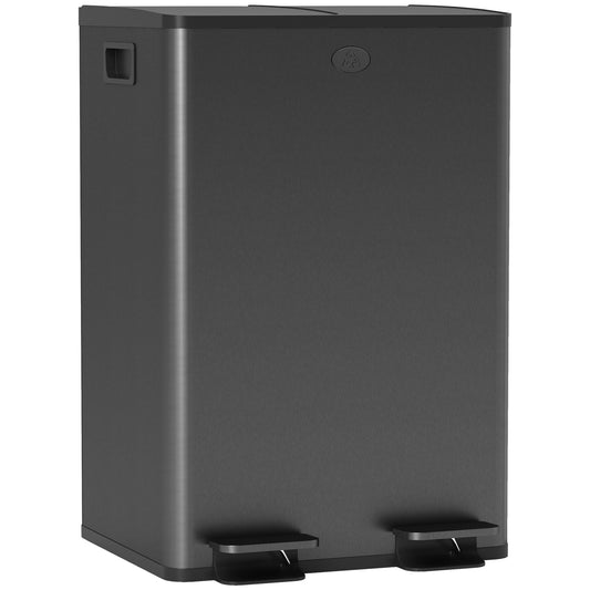 HOMCOM 56L Dual Compartment Stainless Steel Bin, with Deodoriser Holders - Black