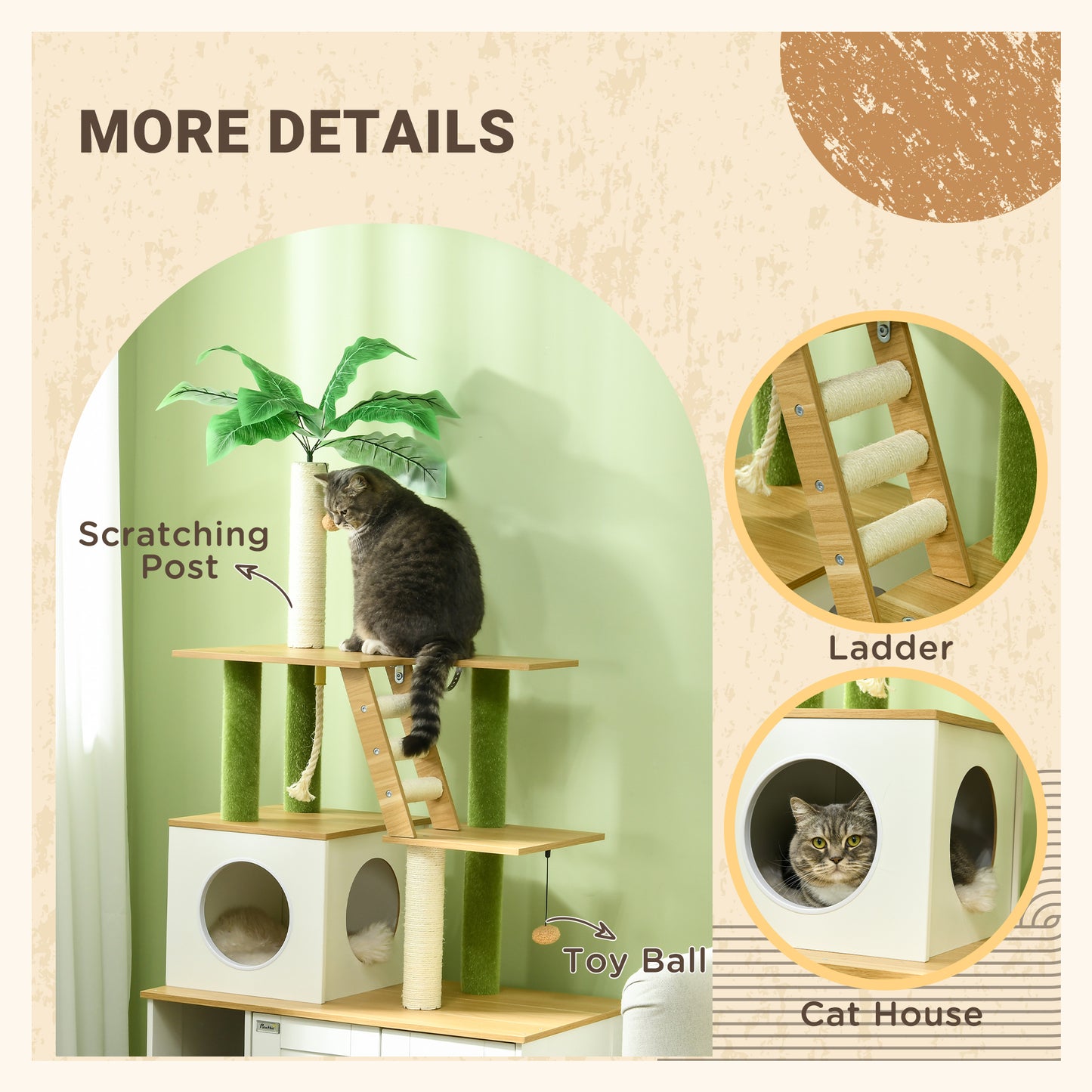 PawHut Cat Tree with Hidden Litter Box Enclosure, 2 in 1 Green Leaf Cat Tower Litter Box Furniture with House, Ladder, Scratching Posts and Platforms, for Indoor Use, Oak