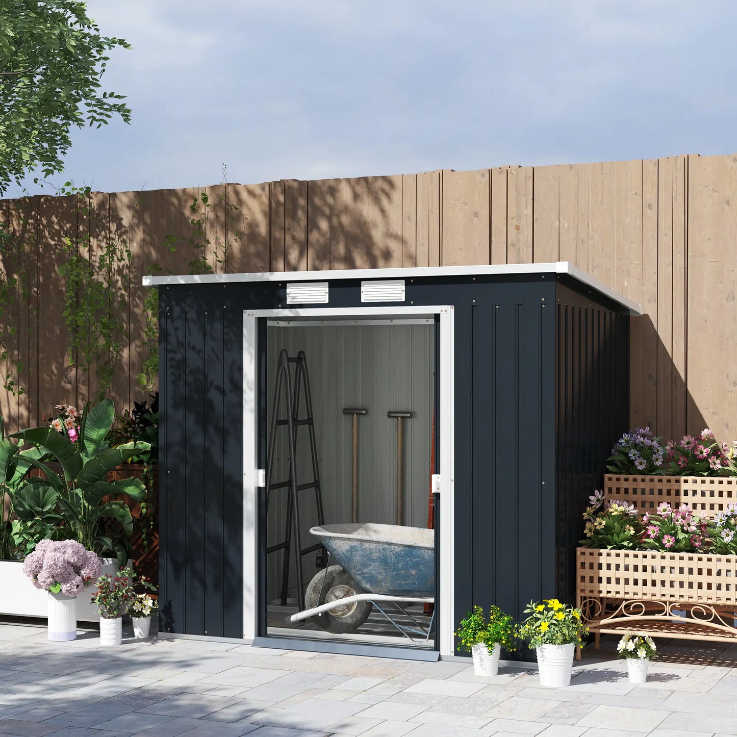 Outsunny 7 x 4ft Galvanised Steel Garden Shed, with Foundation Kit - Dark Grey