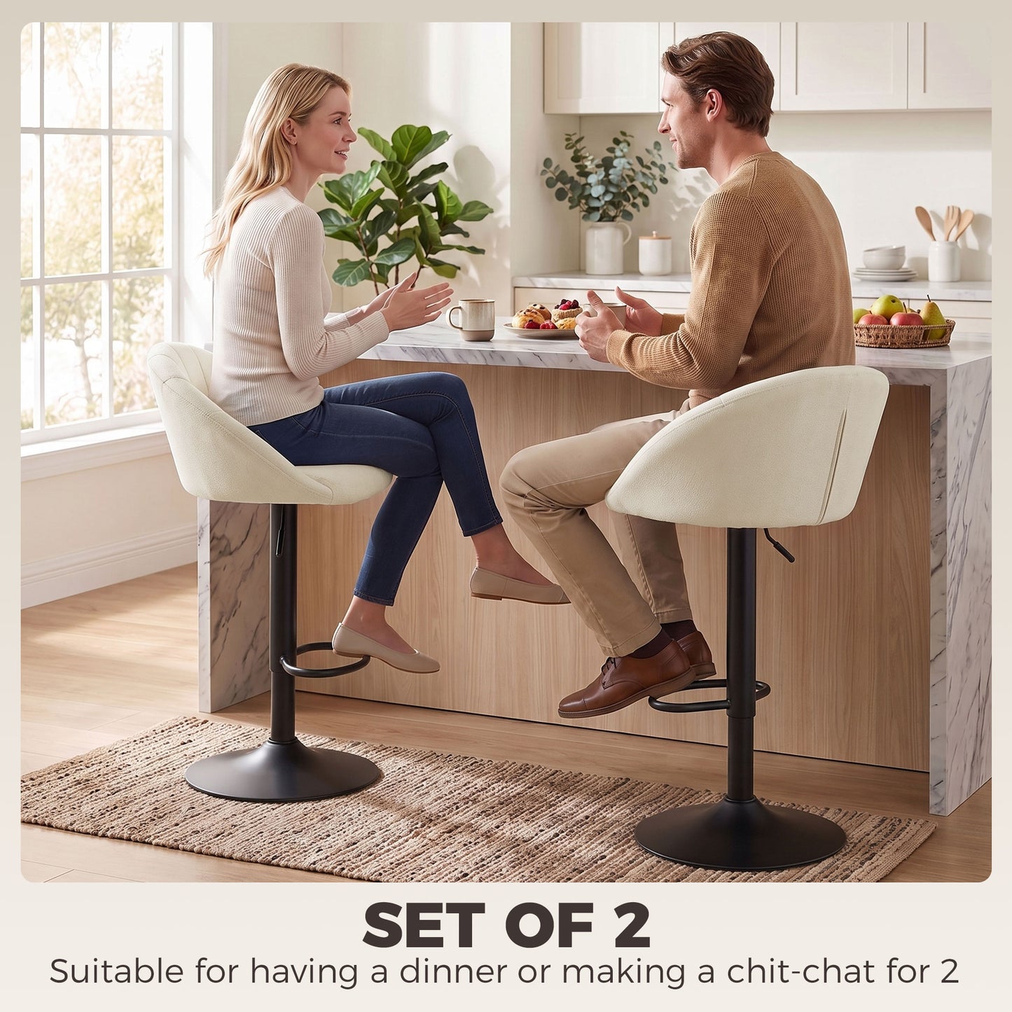 HOMCOM Set of 2 Velvet-Feel Bar Stools, Swivel Adjustable Height Breakfast Bar Chairs with Backrest, Footrest, Quilted Kitchen Stools for Dining Room, White