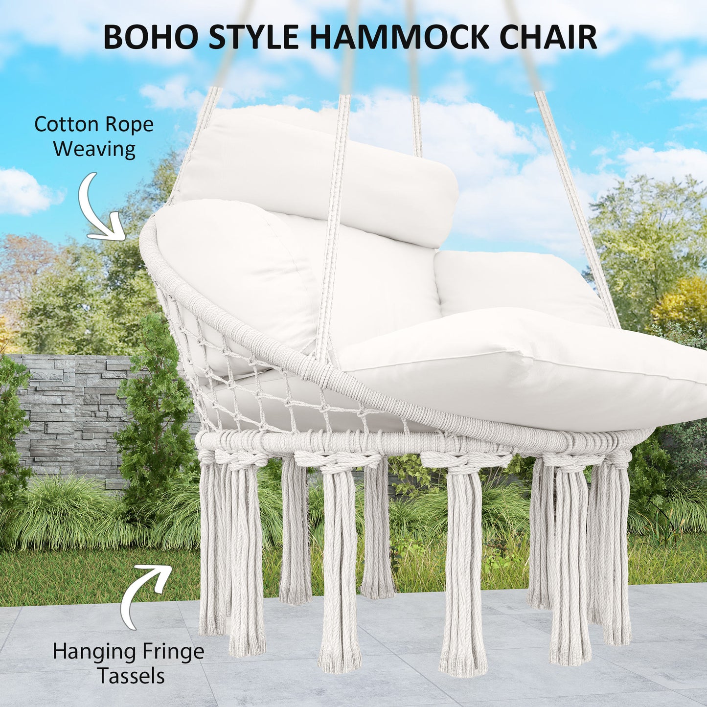 Outsunny Hanging Chair Outdoor Hammock with Cushion, Cotton Rope Boho Style Swing Seat for Indoor/Outdoor, Cream White