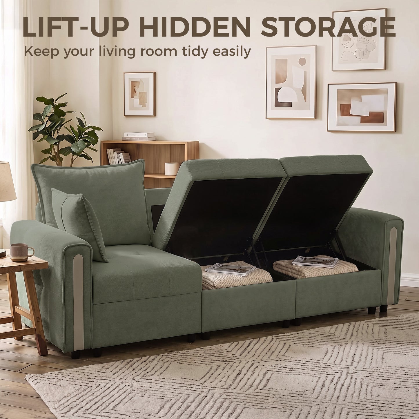 HOMCOM 3 Seater Sofa with Lift-Up Storage, 228cm Comfy Velvet Couch with Wide Deep Seat, Dark Green