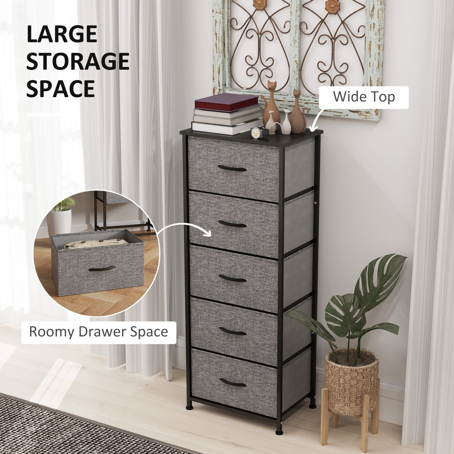 HOMCOM Industrial Dresser with 5 Fabric Drawers, Steel Frame, Wooden Top for Nursery, Living Room, Hallway, Dark Grey