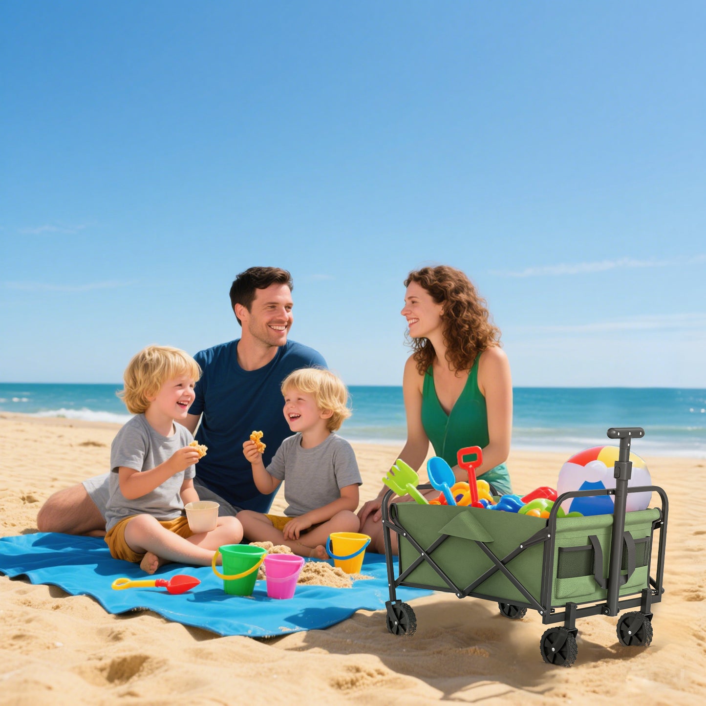 Outsunny Festival Trolley: 62L, 120kg Heavy Duty Folding Wagon w/ Wheels, Adjustable Handle, Carry Bag for Beach, Camping, Festival, Green