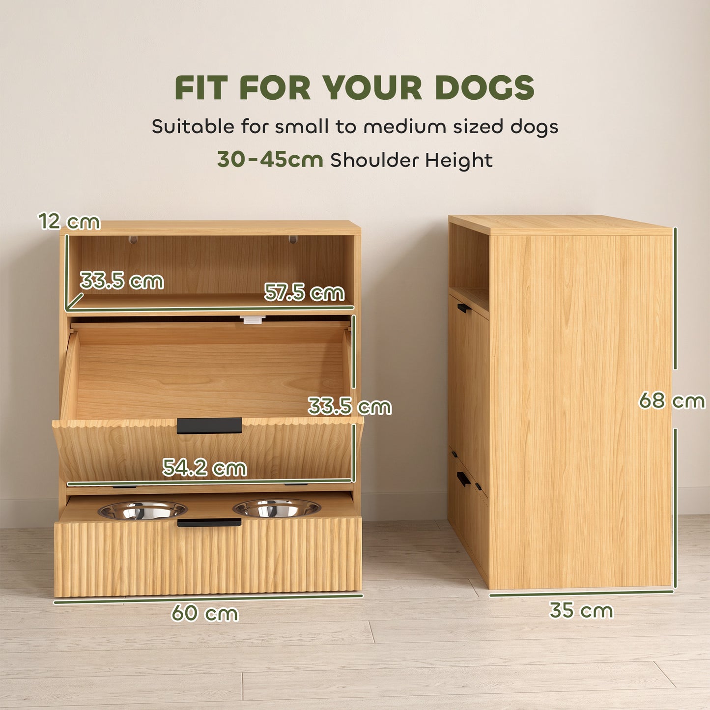 PawHut Pet Feeder Station with Storage, Dog Food Storage Container w/ 2 Raised Bowls, Tilt Out Cabinet, Slow Feeder Mat