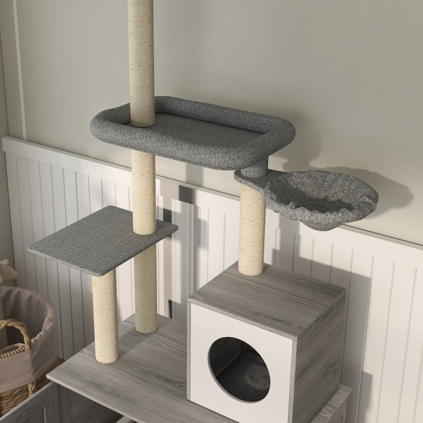 PawHut Cat Tree with Hidden Litter Box, 2 in 1 Floor to Ceiling Cat Litter Box Furniture with Cat House, Bed, Hammock, Scratching Posts and Platforms, for Indoor Use, Grey
